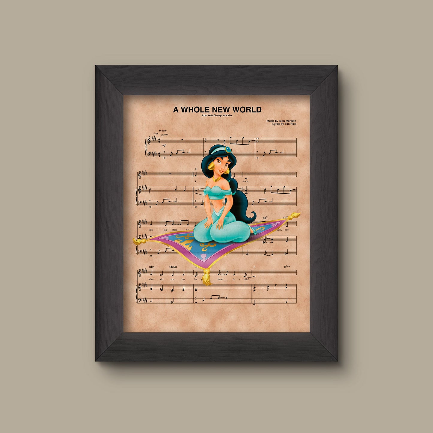 Aladdin, Jasmine A Whole New World Sheet Music Art Print | Fine Art Print