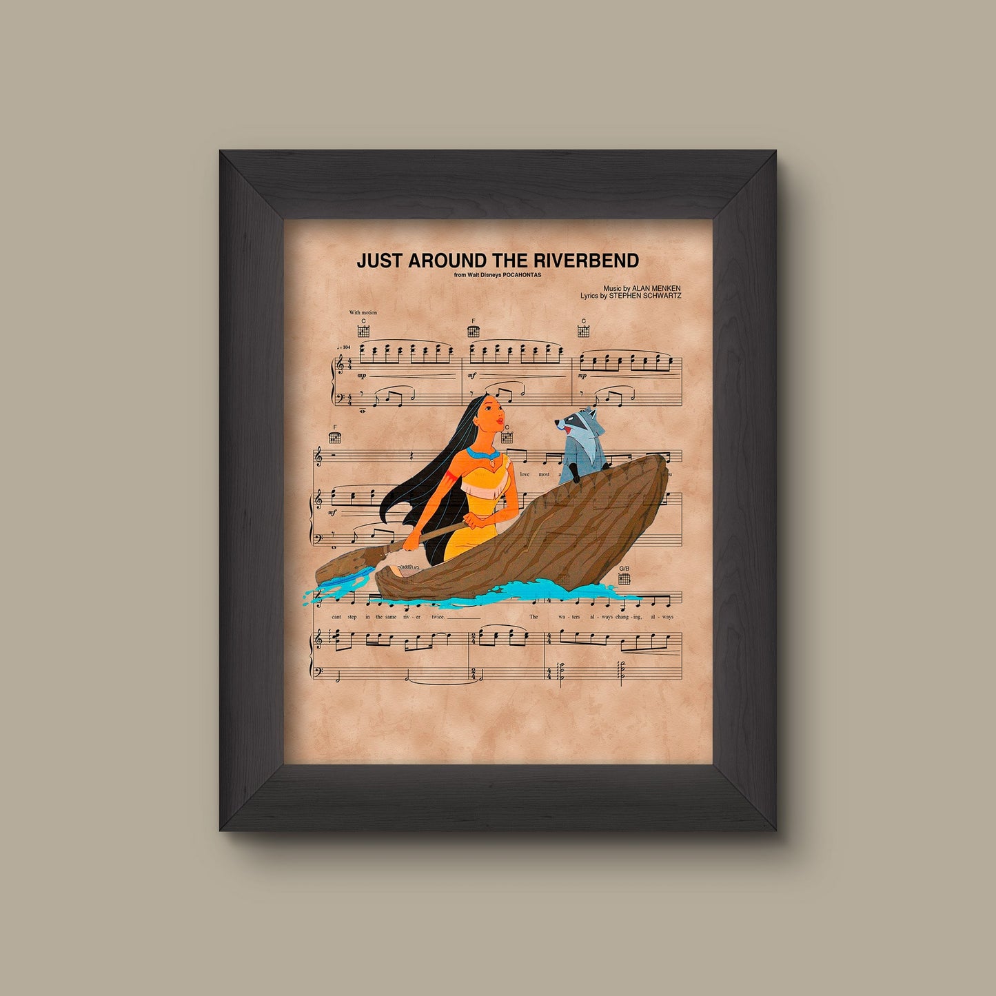 Pocahontas and Meeko, Just Around The Riverbend Sheet Music Art Print | Fine Art Print