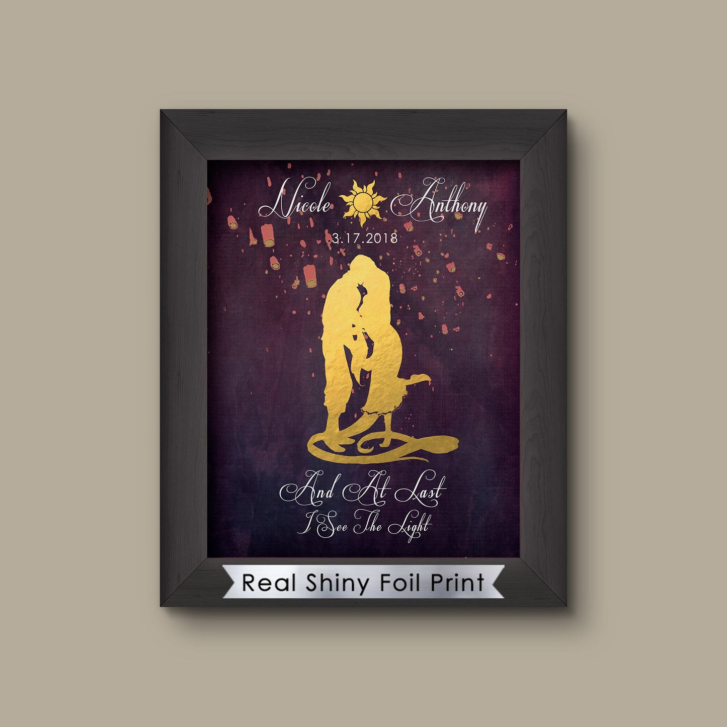 Disney Tangled Rapunzel Art Print, Tangled Wedding Gift, Tangled Anniversary Gift, Tangled Wedding Sign, Disney Princess, Disney Bride. | Metallic Foi