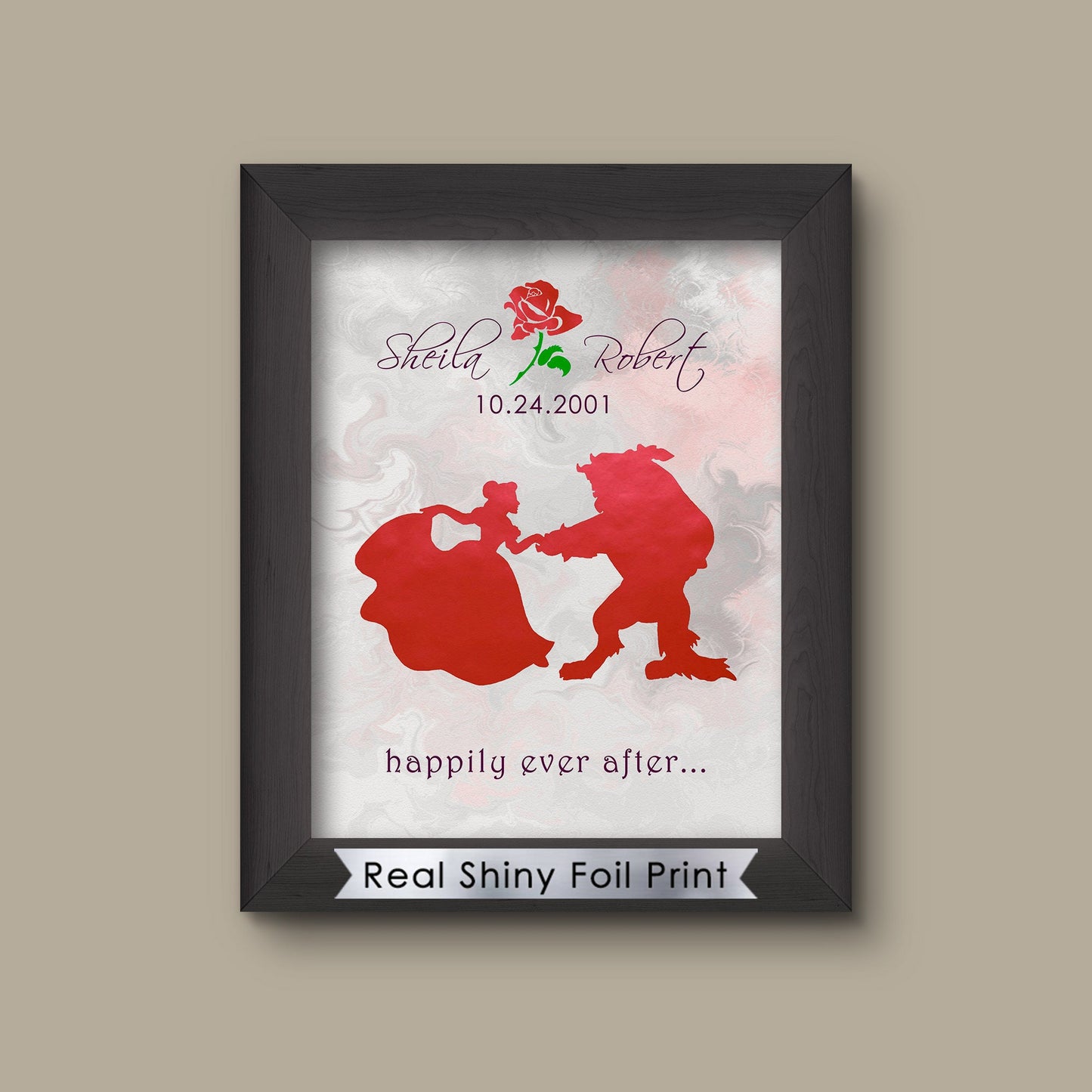 Disney Beauty and the Beast Couples Gift, Belle Beast Art Print, Beauty Beast Wedding, Beauty Beast Anniversary Gift, Beauty Beast Rose | Metallic Foi