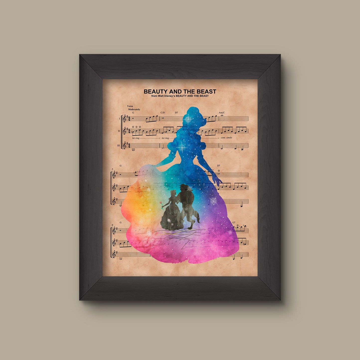 Beauty and the Beast Silhouette, Disney Wedding Gift, Disney Anniversary Gift For Her, Belle And Beast, Wall Decor, Sheet Music Art Print | Fine Art P