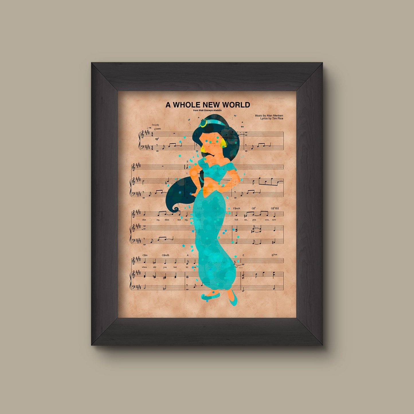 Aladdin Jasmine Watercolor A Whole New World Sheet Music Art Print | Fine Art Print