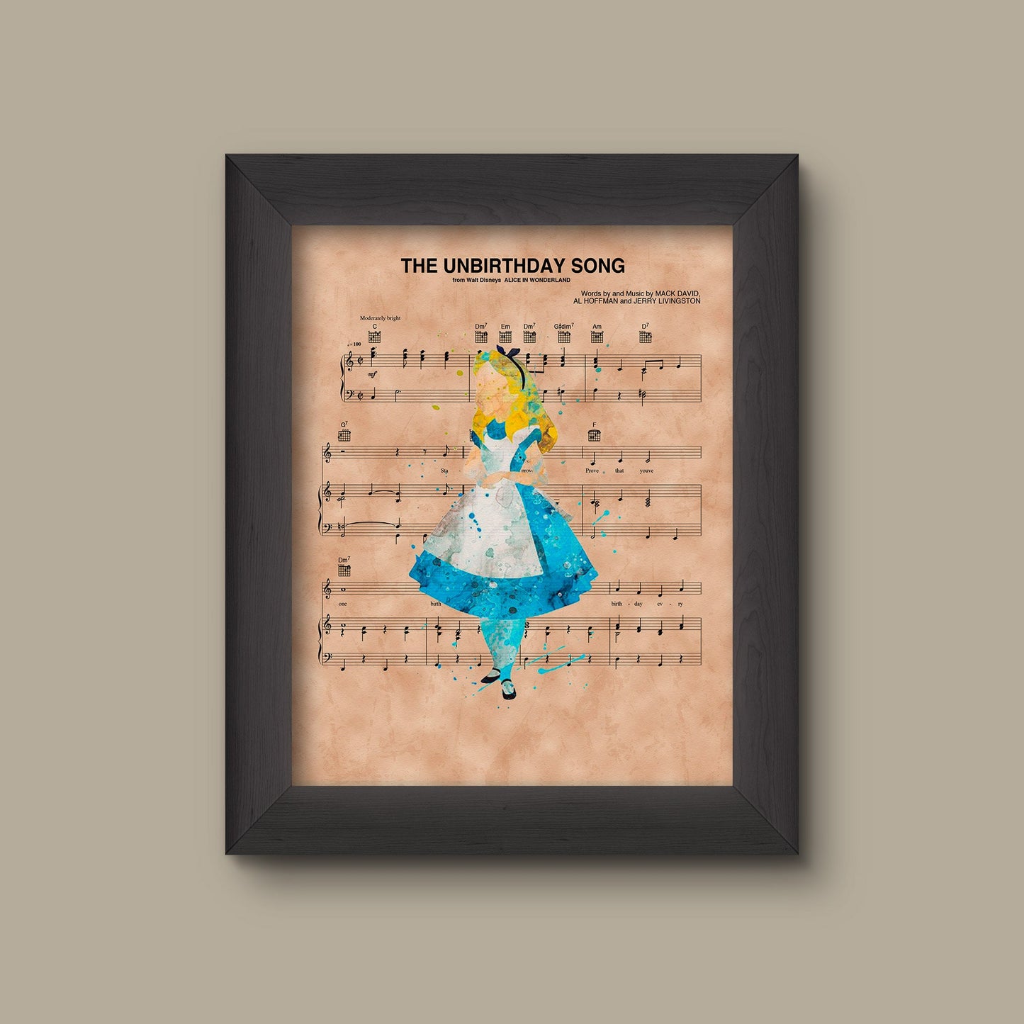 Alice in Wonderland, Watercolor The Unbirthday Song Sheet Music Art Print | Fine Art Print