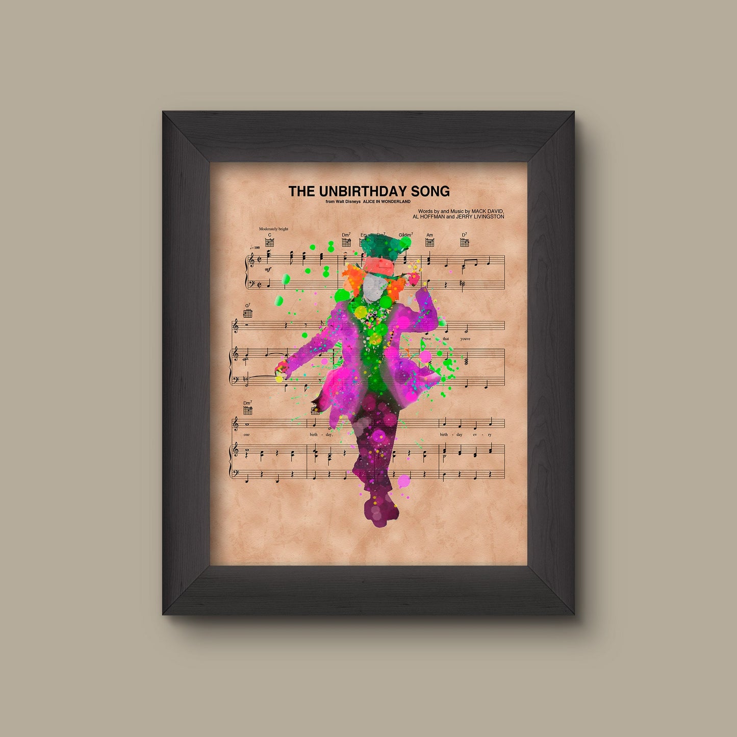 Alice in Wonderland, Mad Hatter Watercolor The Unbirthday Song Sheet Music Art Print | Fine Art Print