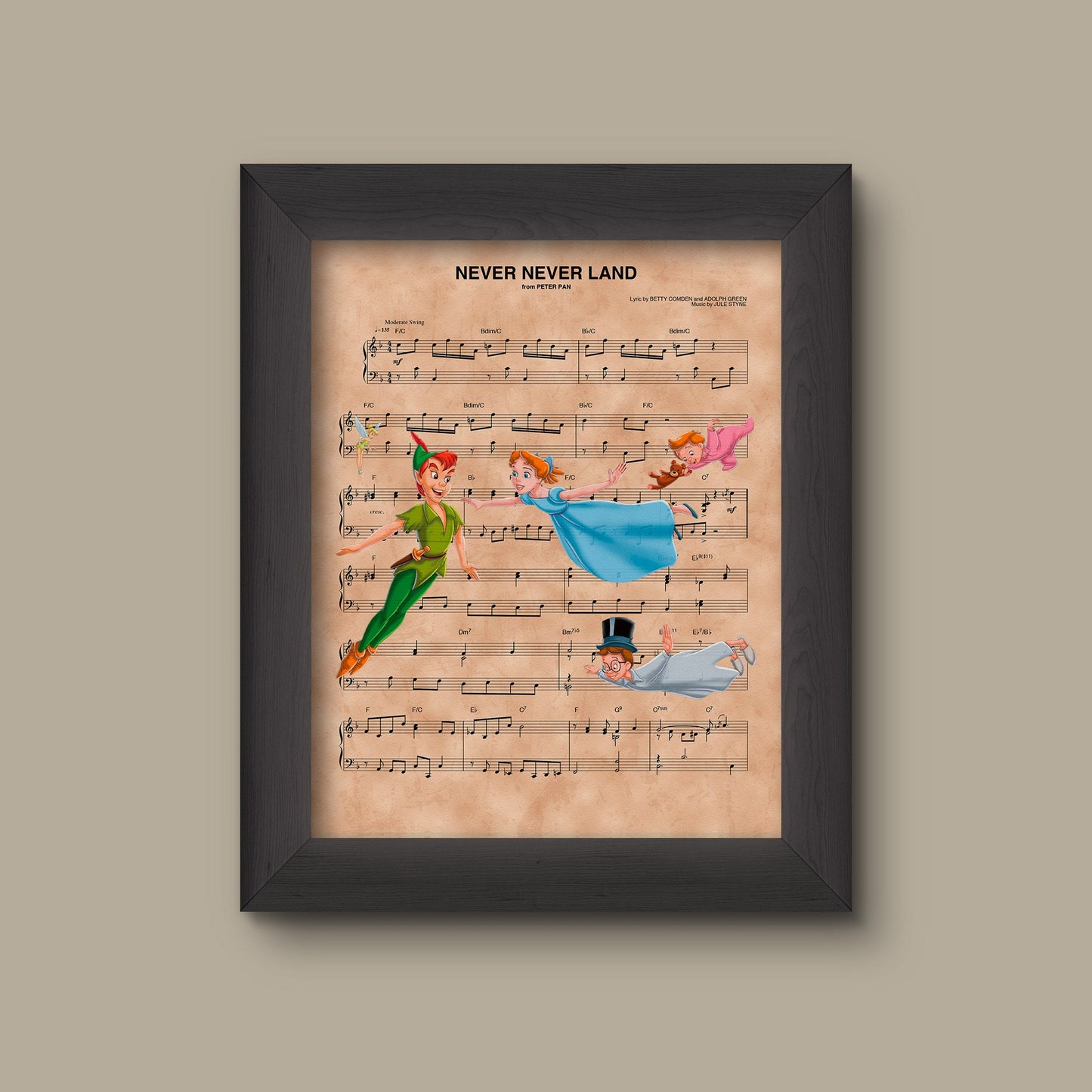 Peter Pan, Wendy, Tinker Bell, Michael, John Neverland Sheet Music Art Print | Fine Art Print