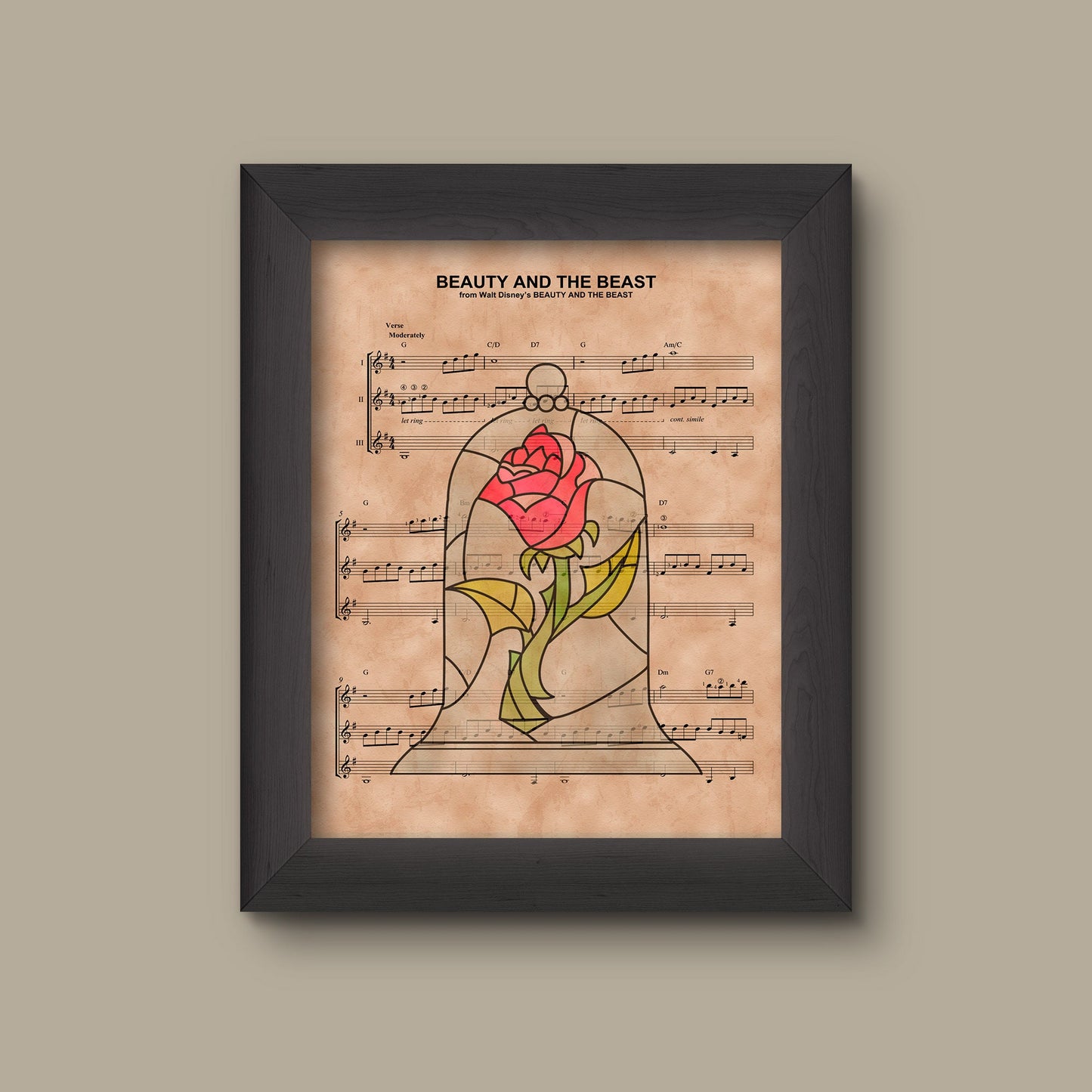 Beauty and the Beast Rose Sheet Music Art Print, Wedding Gift, Disney Wedding Gift, Disney Anniversary Gift For Her, Belle And Beast, | Fine Art Print