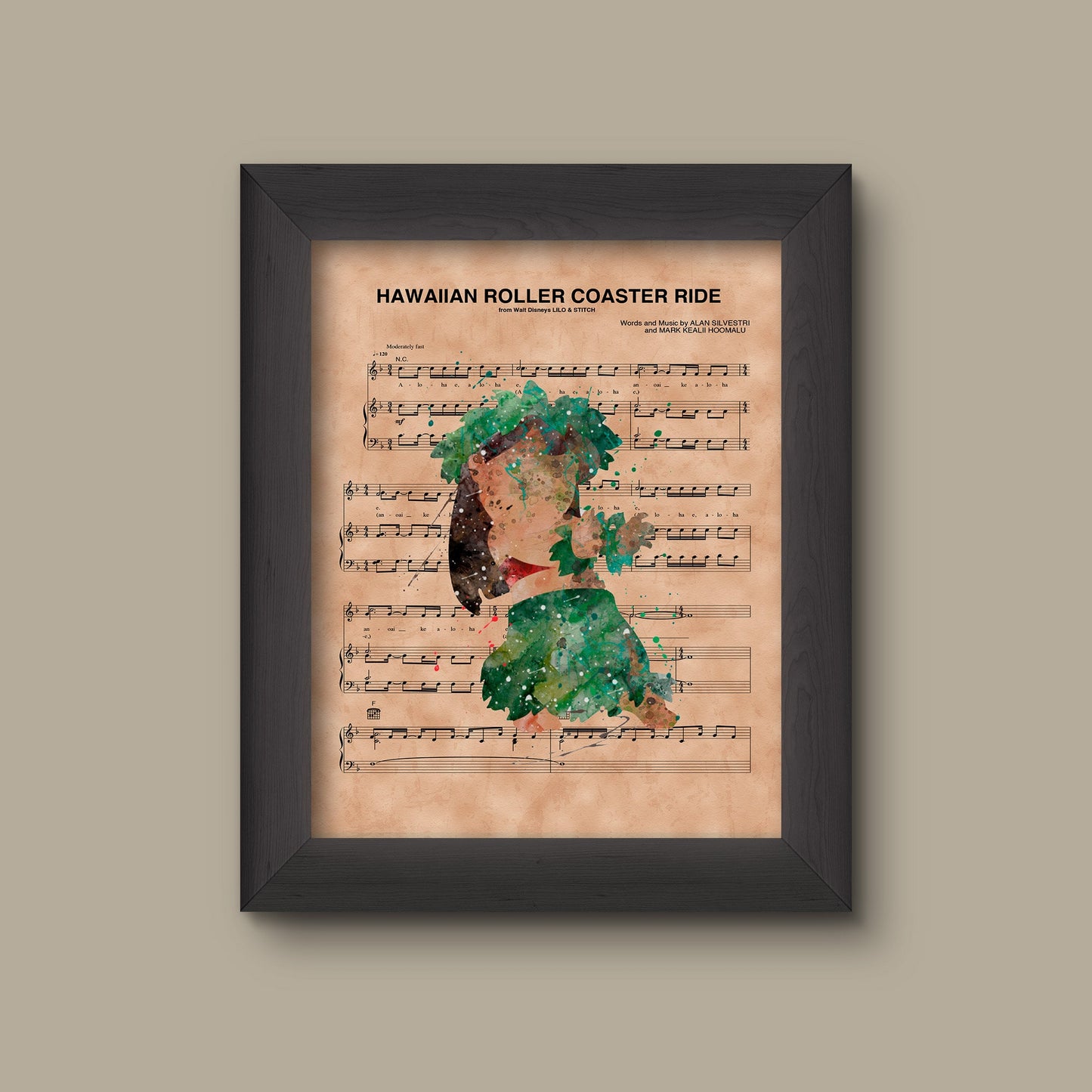 Lilo and Stitch Watercolor Hawaiian Roller Coaster Ride Sheet Music Art Print | Fine Art Print