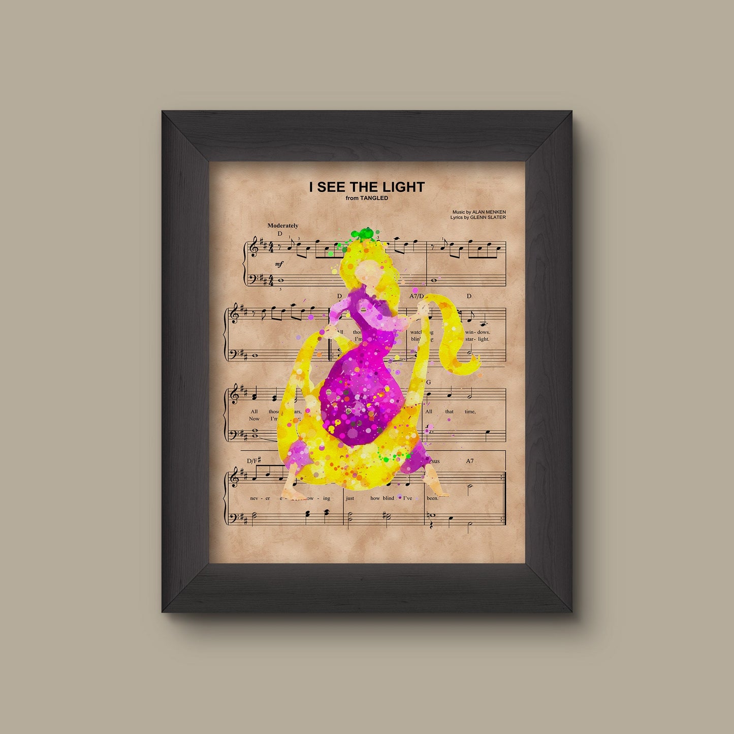 Tangled, Rapunzel & Pascal, Watercolor, I See The Light Sheet Music Art Print Disney Nursery Gift, Wall Decor, Sheet Music Art Print | Fine Art Print