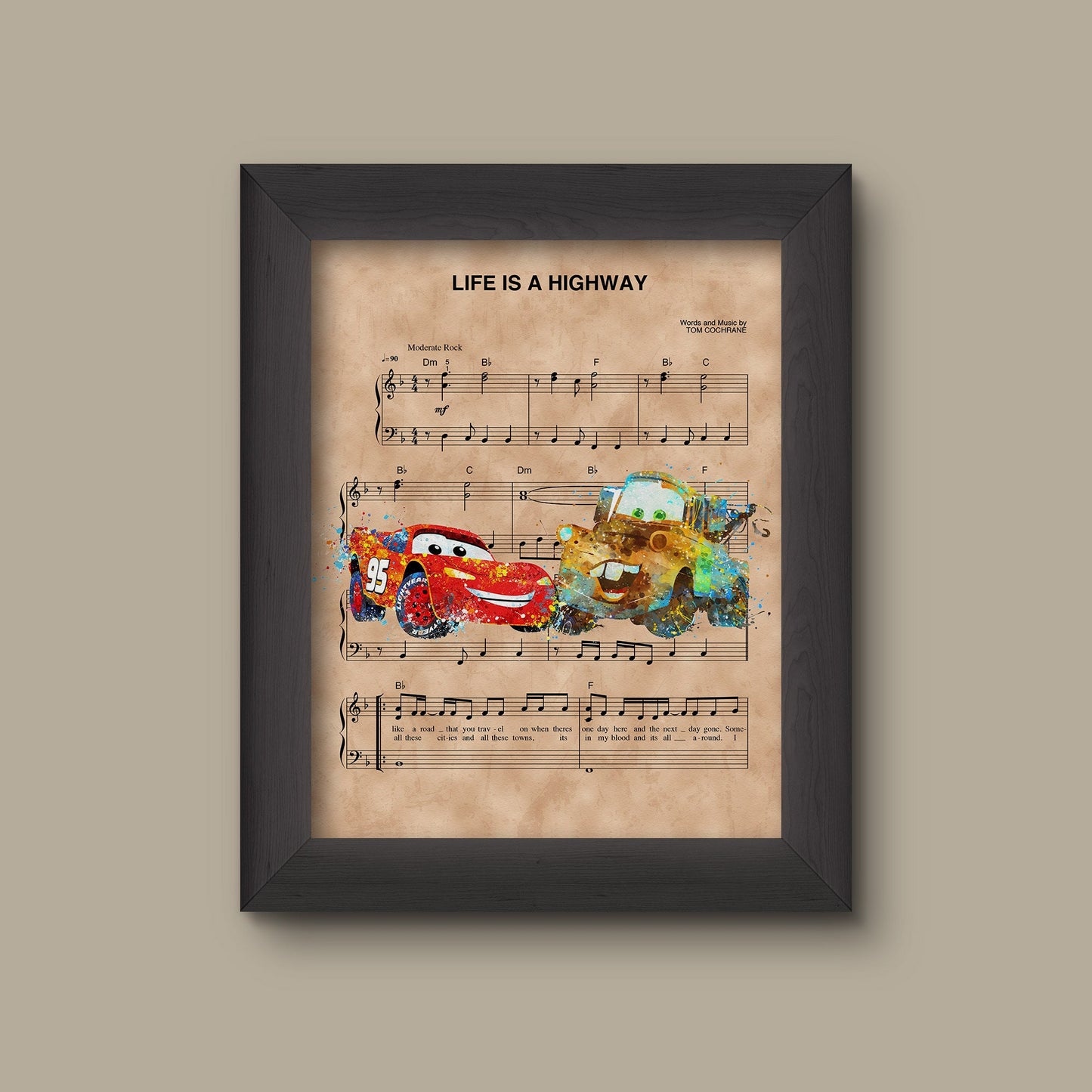 Cars, Lightning McQueen and Mater, Watercolor, Life Is A Highway Sheet Music Art Print, Disney Nursery Gift, Disney Wall Decor | Fine Art Print