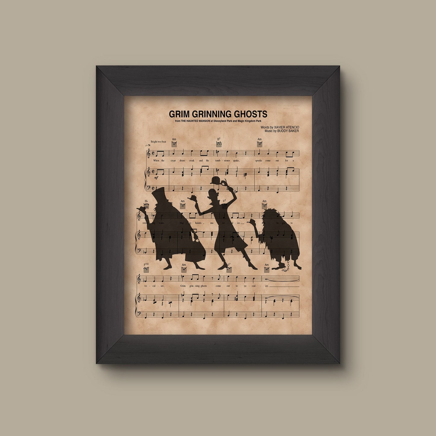 Haunted Mansion Hitchhiking Ghosts over Grim Grinning Ghosts Sheet Music Art Print | Fine Art Print