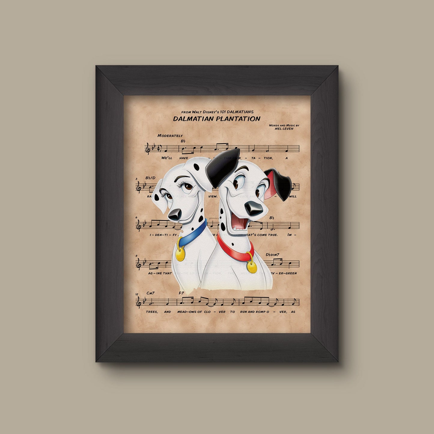 101 Dalmatians Pongo and Perdita over Dalmatian Plantation Sheet Music Art Print | Fine Art Print
