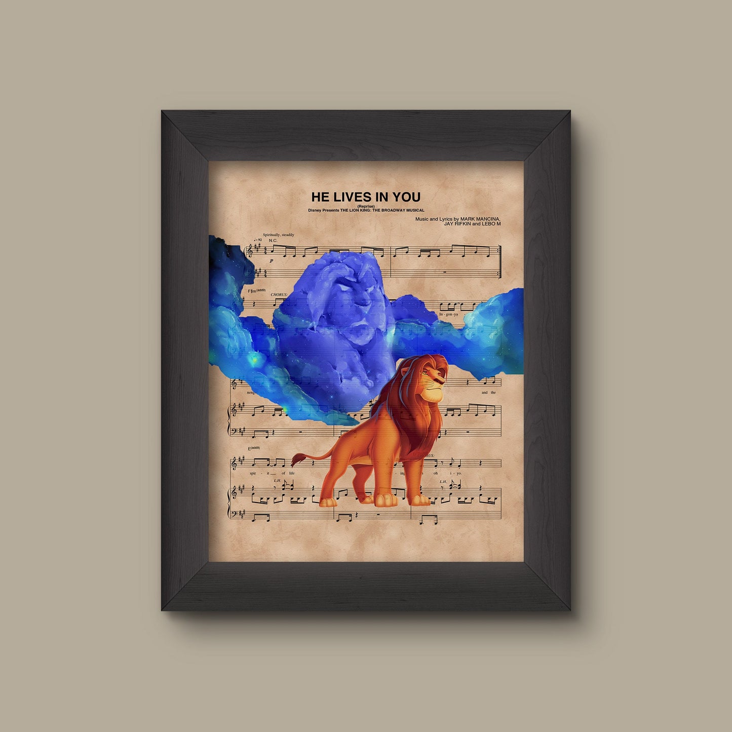 Lion King Mufasa Cloud & Simba, He Lives In You Sheet Music Art Print | Fine Art Print