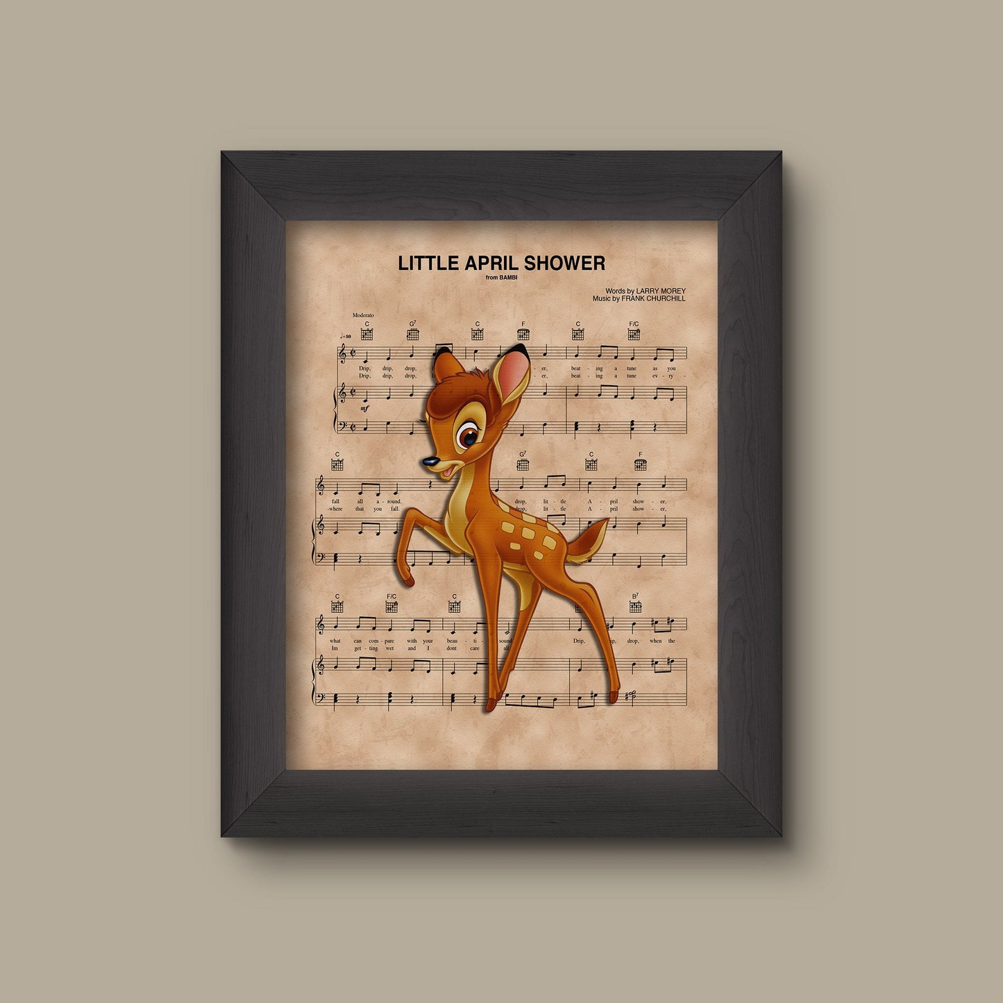 Bambi, Little April Shower Sheet Music Art Print, Disney Nursery Gift, Disney Wall Decor | Fine Art Print