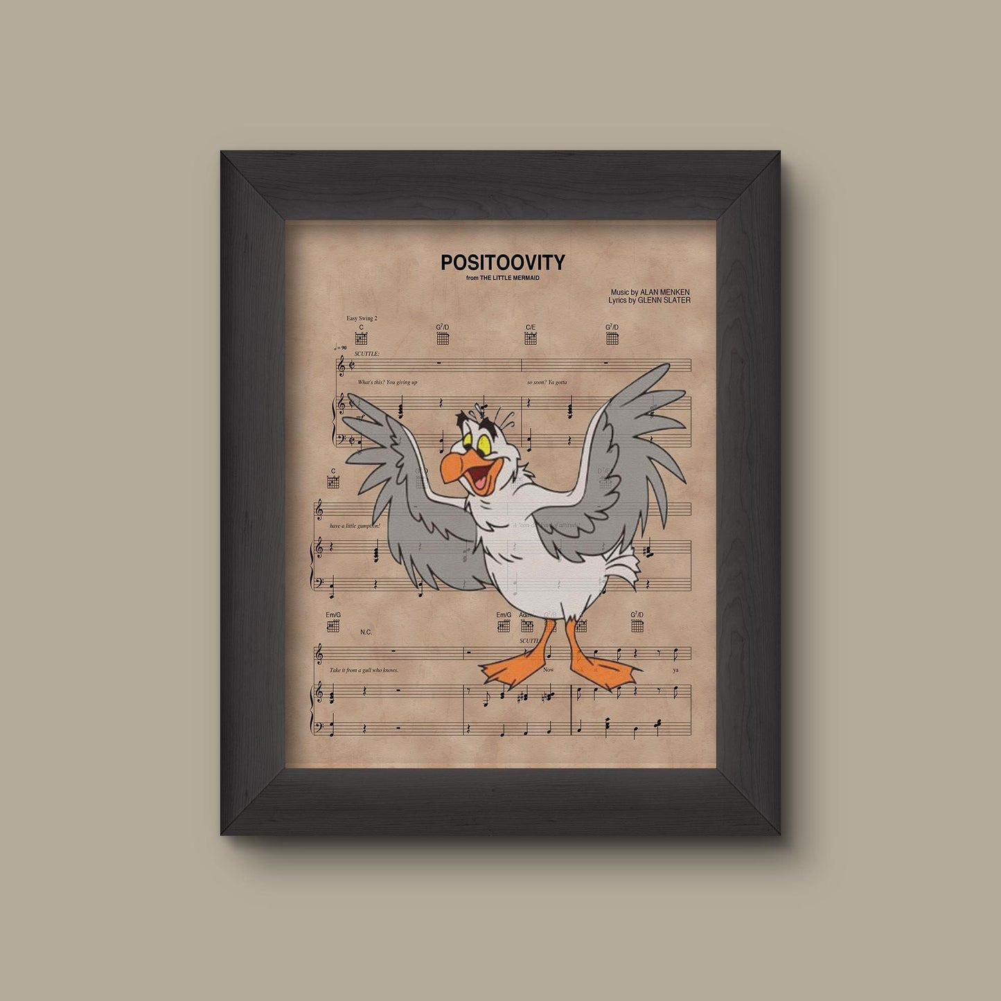 Disney Little Mermaid, Scuttle Positoovity Sheet Music Art Print | Fine Art Print