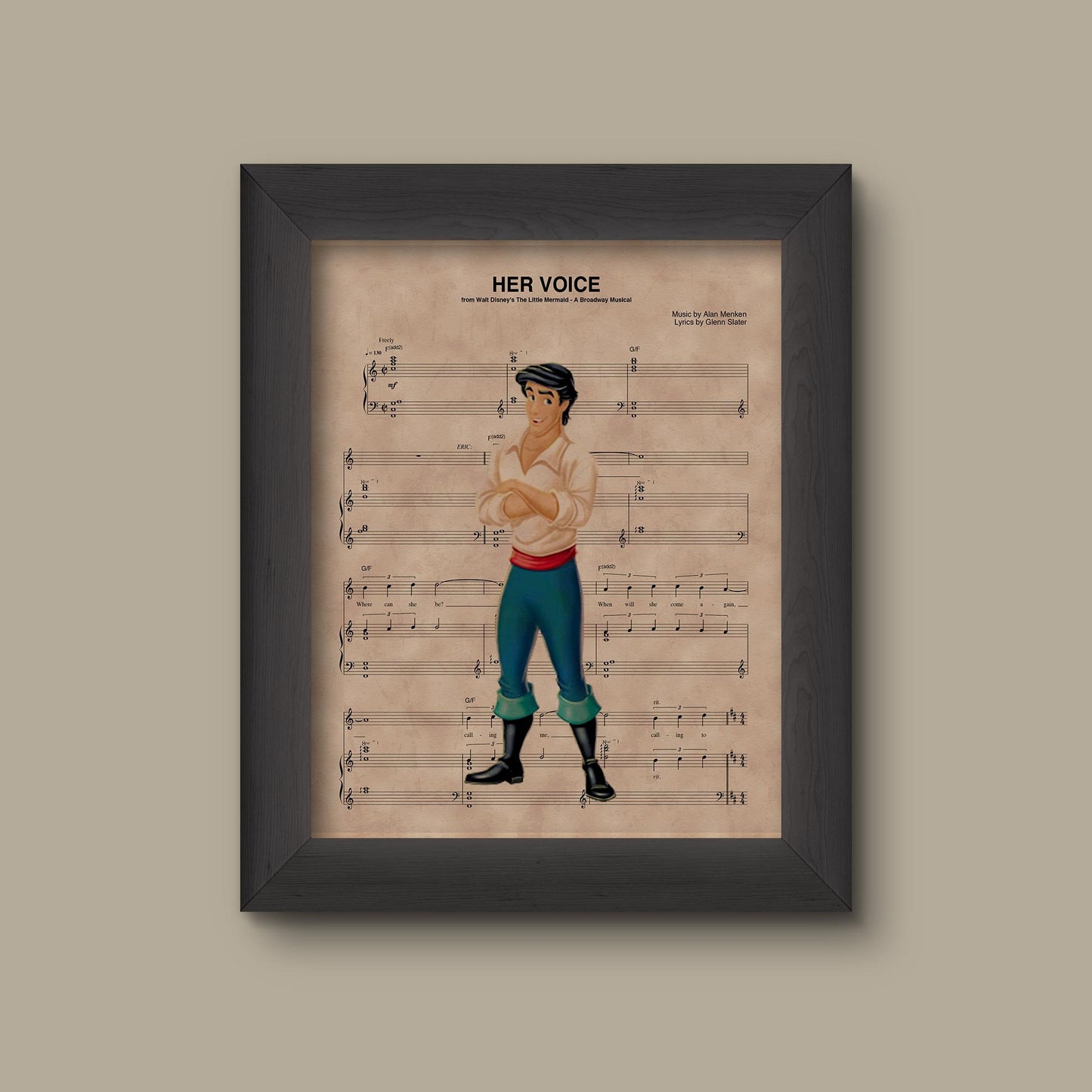 Disney Little Mermaid, Prince Eric Sheet Music Art Print, Her Voice Sheet Music Art Print | Fine Art Print