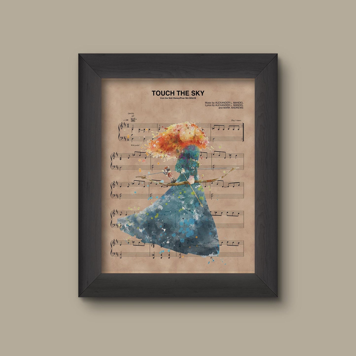 Disney Brave, Merida Watercolor Sheet Music Art Print, Merida Gift, Merida Art, Touch The Sky Sheet Music Art Print | Fine Art Print