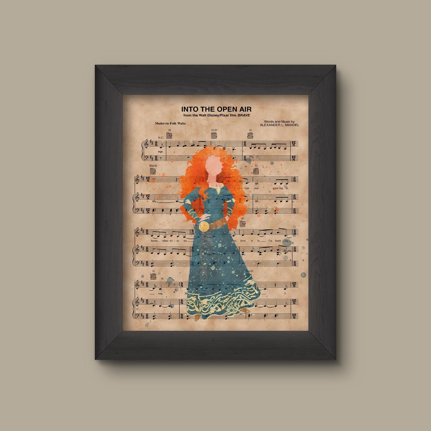 Disney Brave, Merida Watercolor Sheet Music Art Print, Merida Gift, Merida Art, Into The Open Air Sheet Music Art Print | Fine Art Print