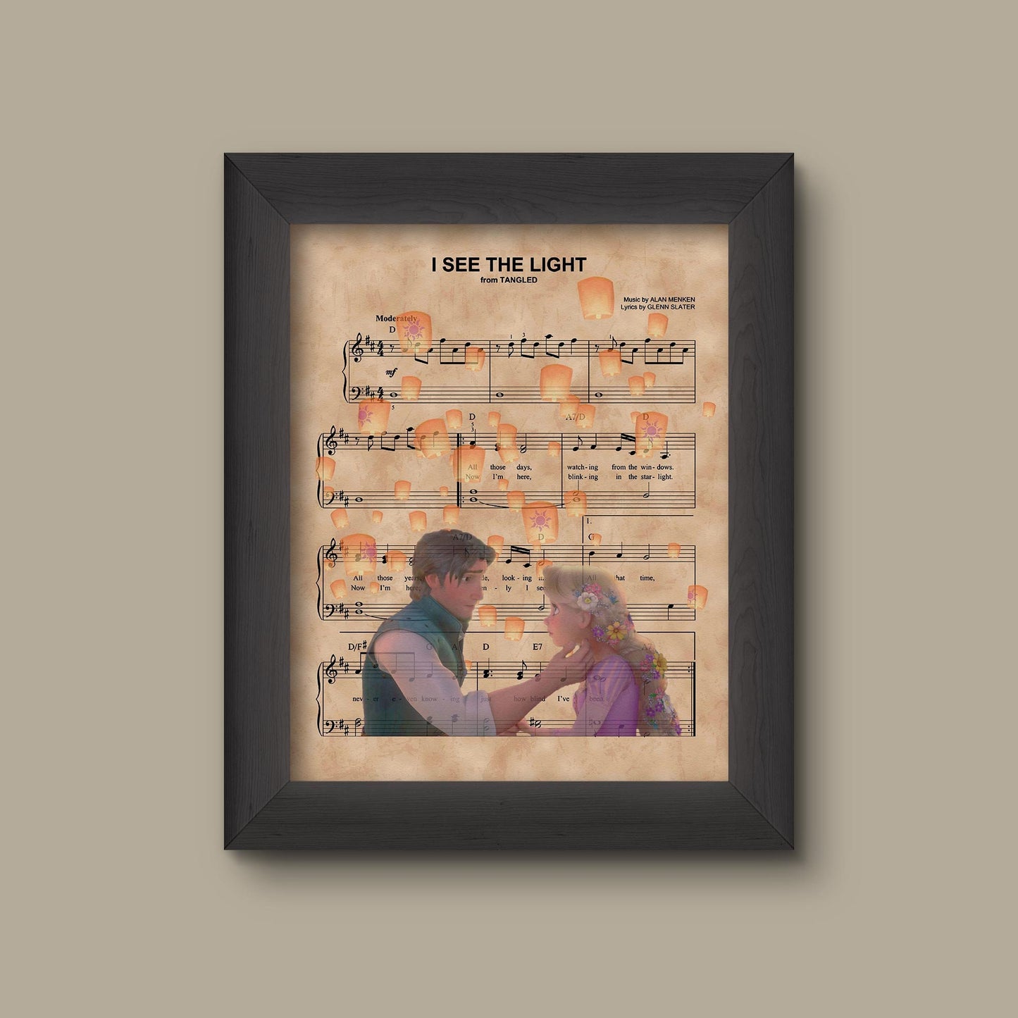 Disney Tangled Rapunzel Sheet Music Art Print, Tangled Wedding Gift, Anniversary Gift, Tangled Wedding Sign, Disney Princess, Disney Bride. | Fine Art