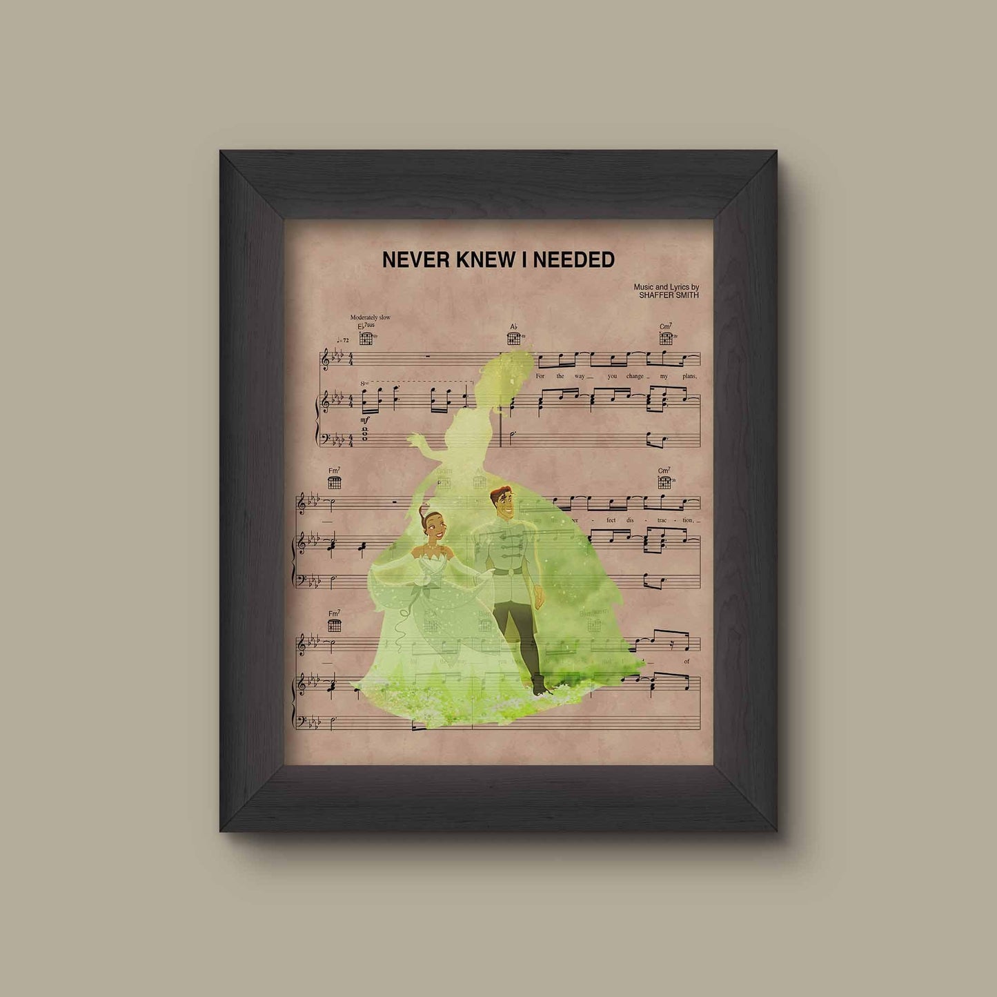 Princess and the Frog Tiana Watercolor Never Knew I Needed Sheet Music Art Print, Disney Nursery Gift, Disney Wall Decor | Fine Art Print
