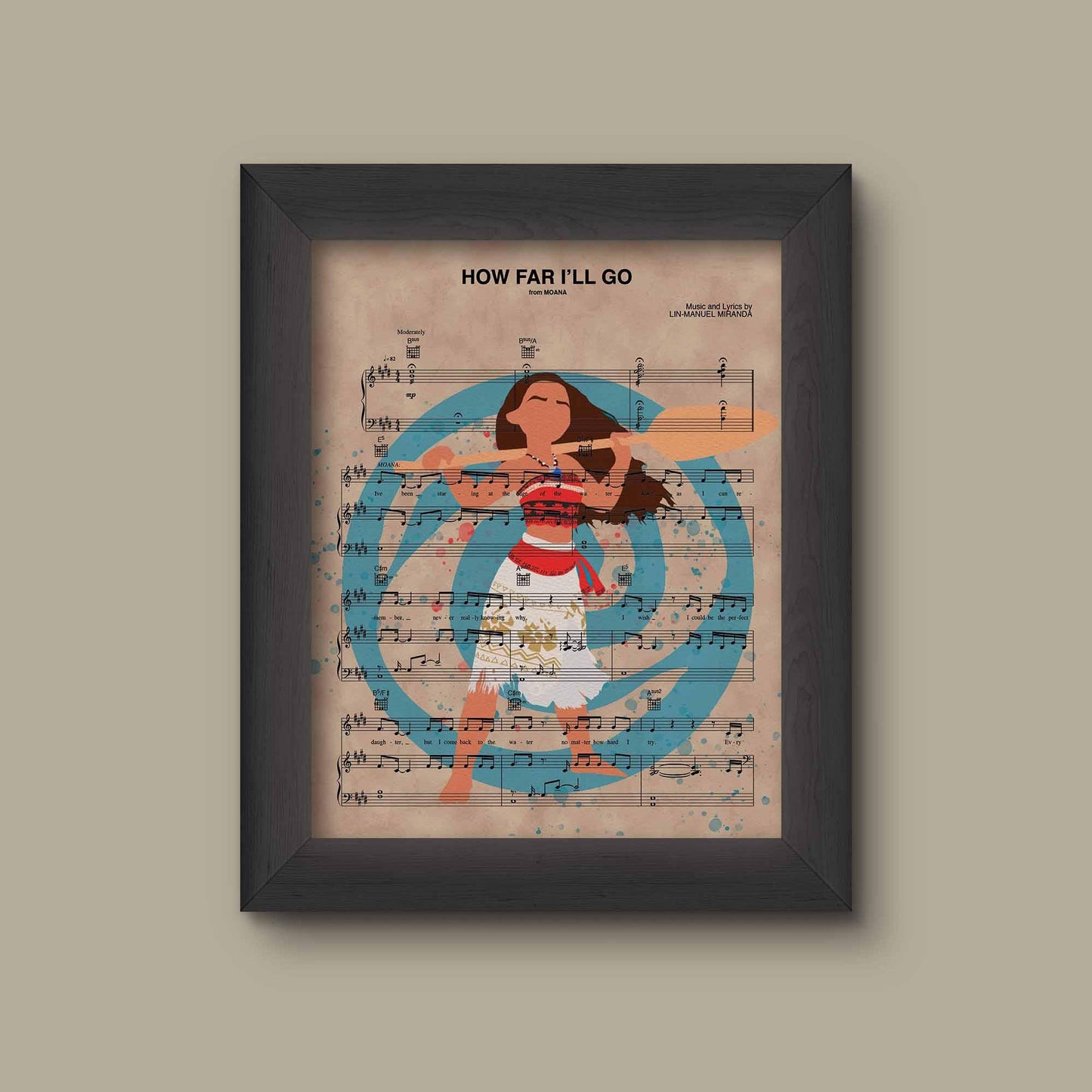 Disney Moana Watercolor How Far I'll Go Sheet Music Art Print Gift, Disney Wedding Gift, Wall Decor, Sheet Music Art Print | Fine Art Print