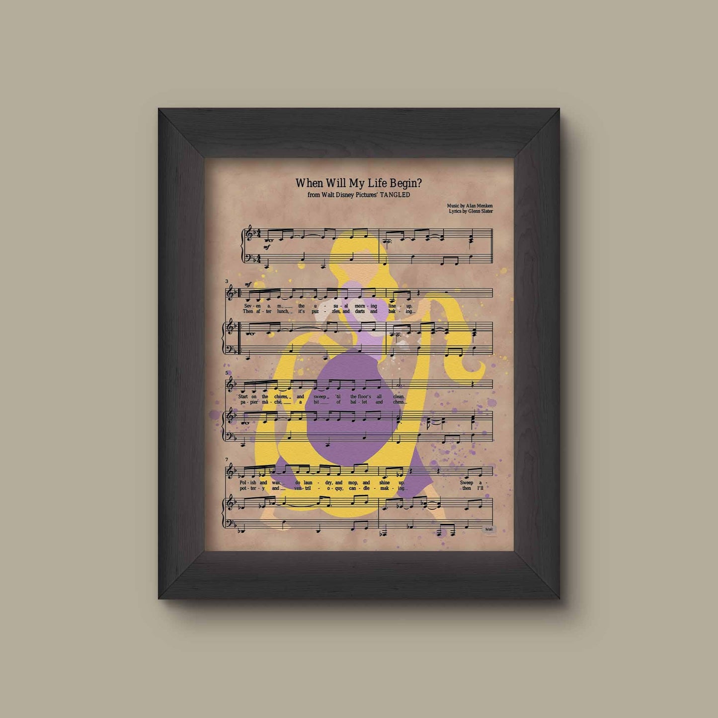 Tangled, Rapunzel Watercolor over When Will my Life Begin Sheet Music Art Print Wedding, Anniversary Gift, Disney Princess. | Fine Art Print