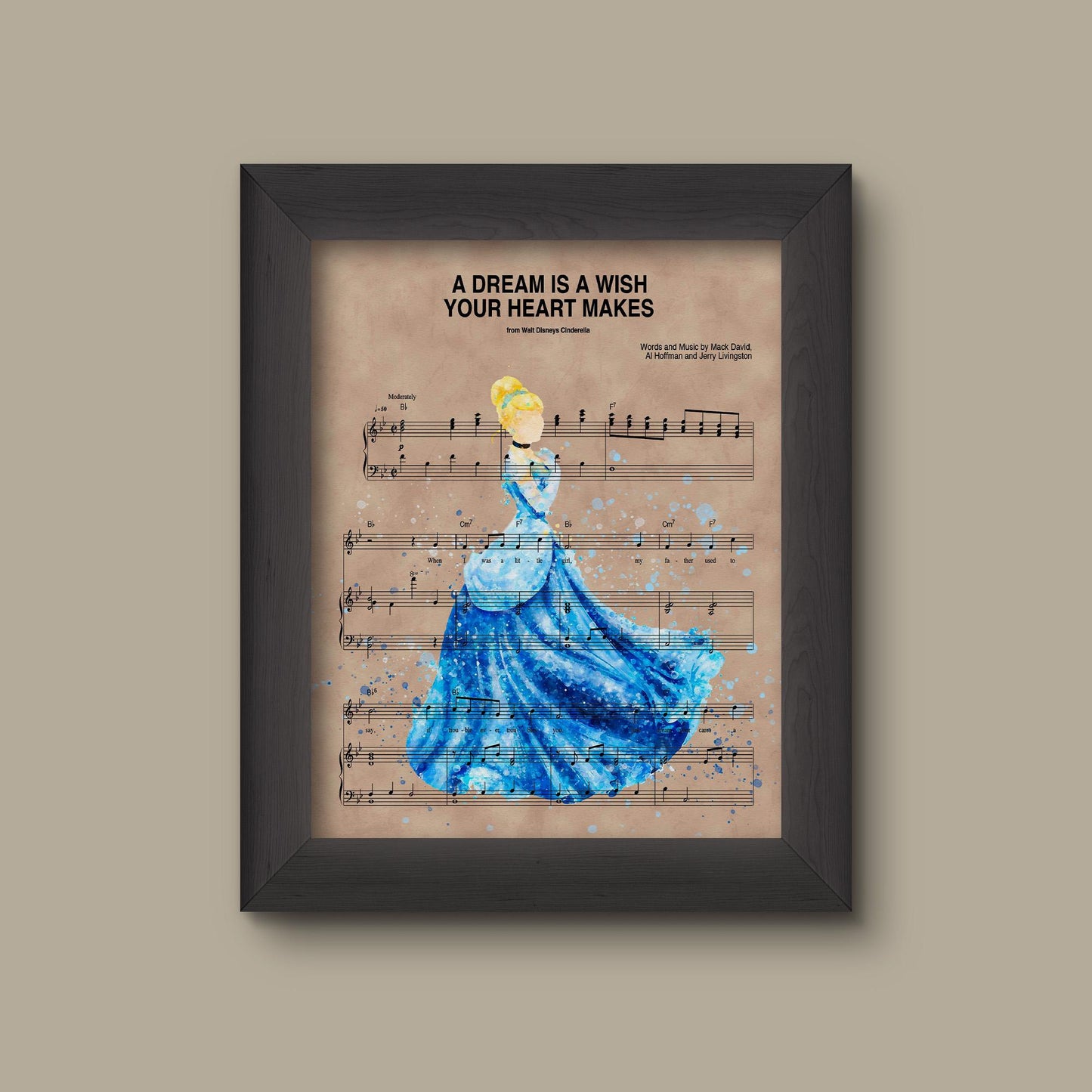 Cinderella, watercolor Prince Charming A Dream Is A Wish Your Heart Makes Sheet Music Art Print | Fine Art Print
