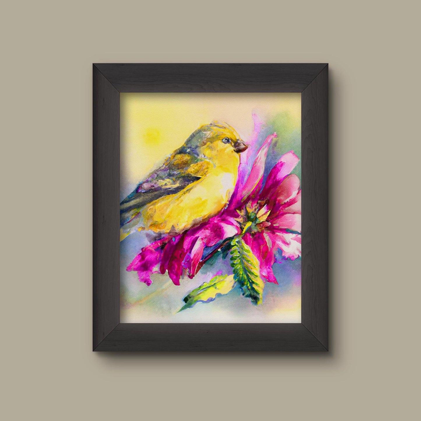 Goldfinch on Dahlia Art Print – Watercolor Yellow Bird and Pink Flower Wall Art | Botanical Nature Decor | Vibrant Garden Bird Illustration | Fine Art