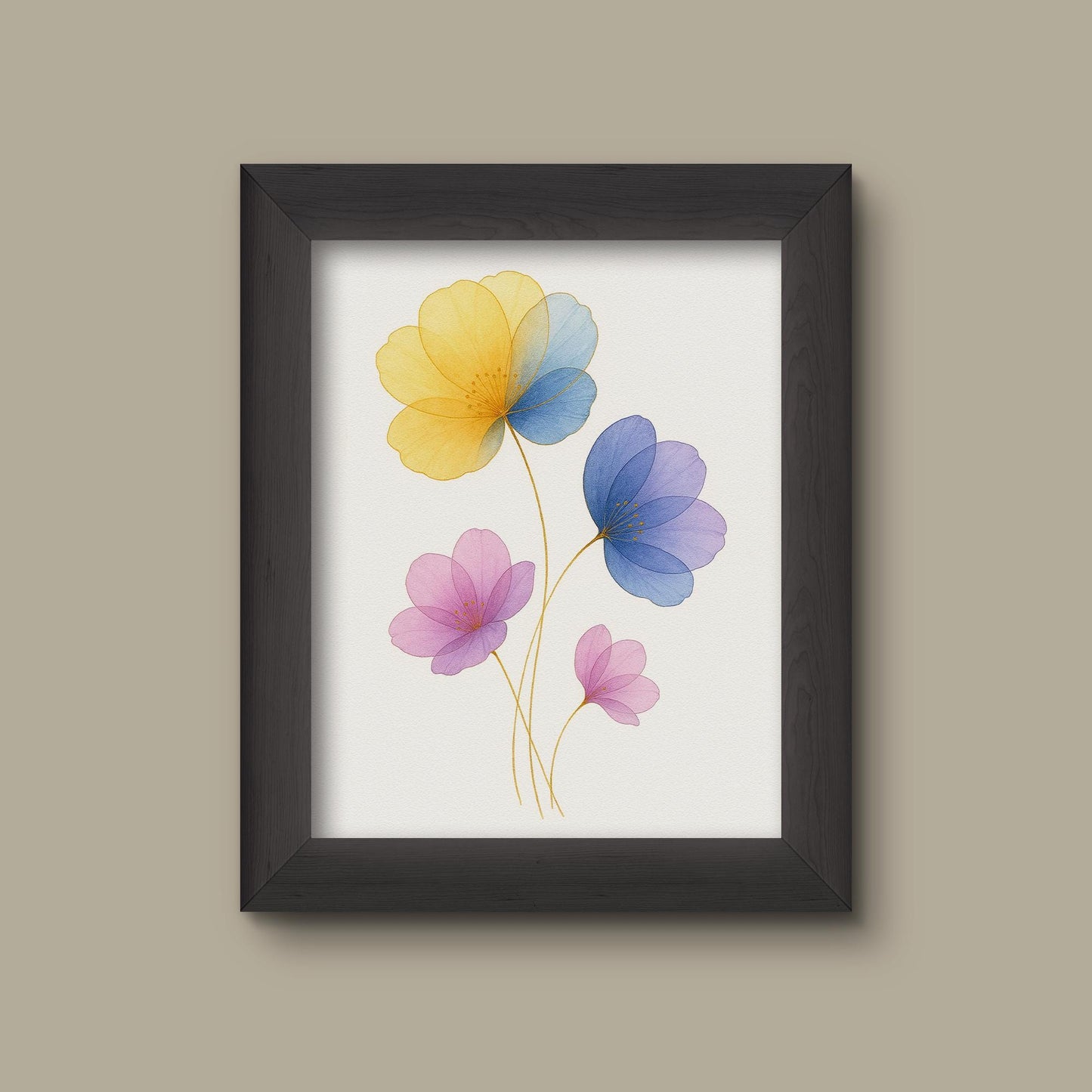 Yellow and Purple Watercolor Floral Art Print | Abstract Flowers with Gold Outlines | Fine Art Print