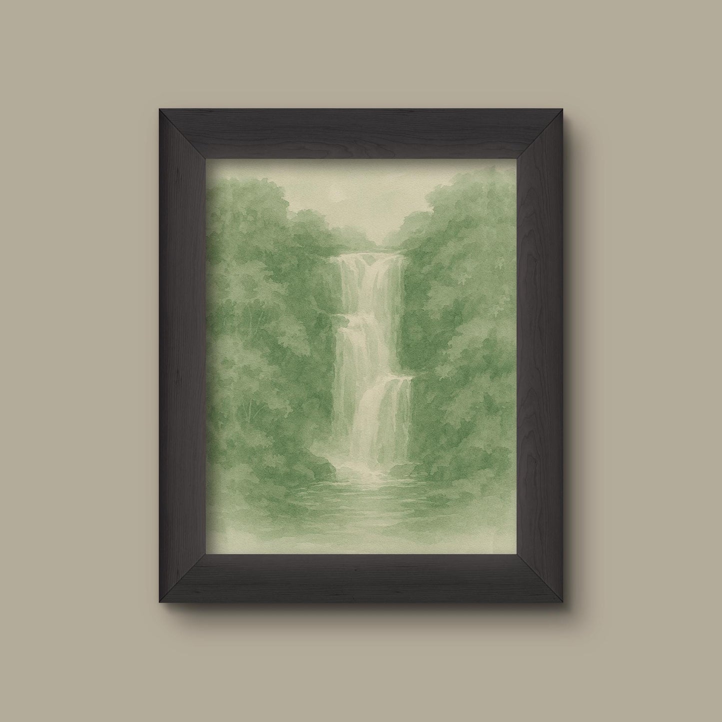Green Waterfall Watercolor Art Print | Serene Nature Landscape Wall Decor | Tranquil Cool Tone Painting | Fine Art Print