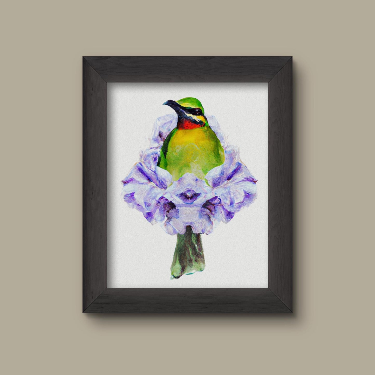 Bird in Bloom Art Print Green Bee-Eater with Purple Lisianthus Flower Dress | Watercolor Botanical Wall Art | Nature-Inspired Home Decor | Fine Art Pr