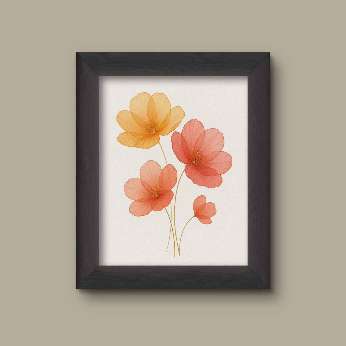 Orange and Yellow Watercolor Floral Art Print | Abstract Flowers with Gold Outlines | Fine Art Print