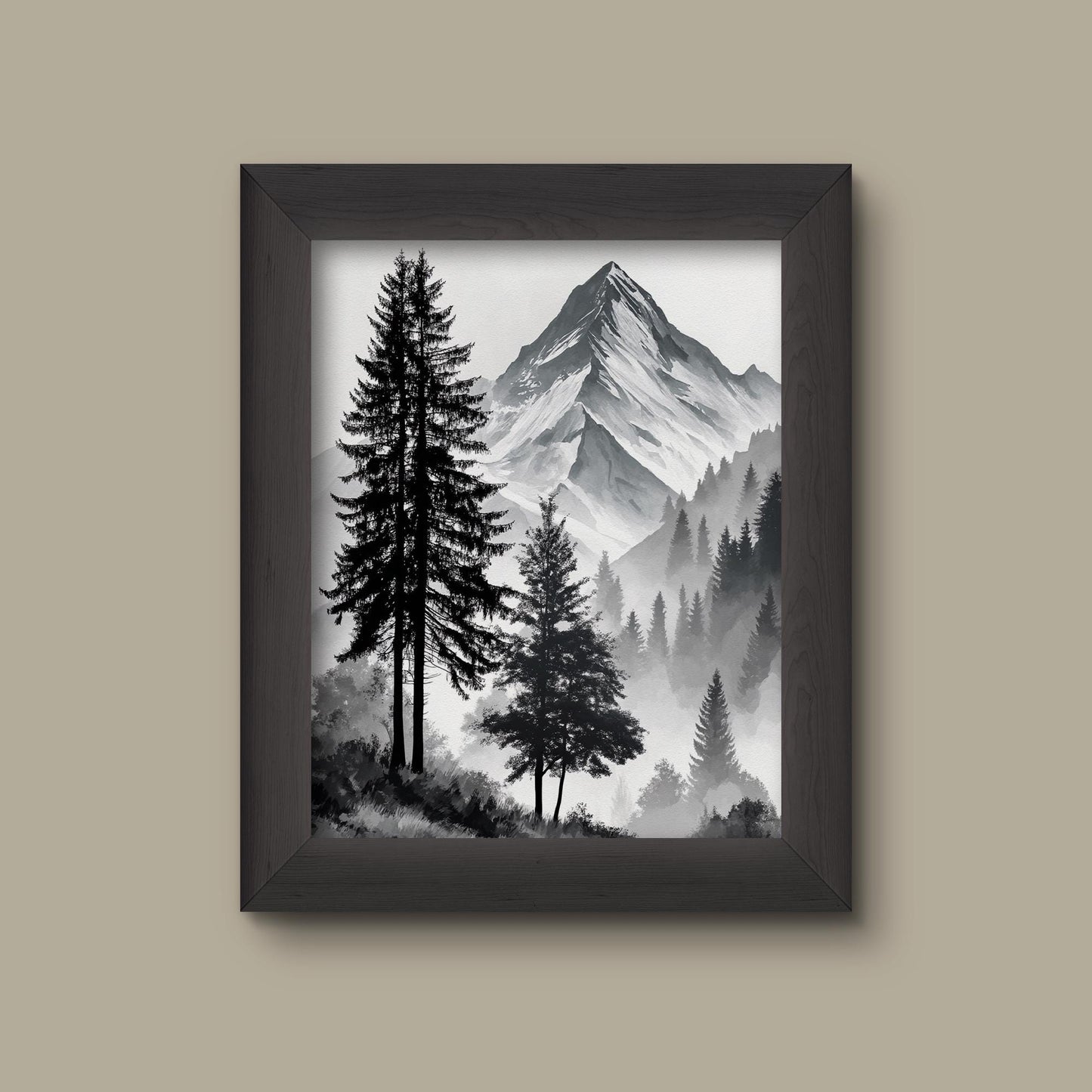 Black and White Mountain Landscape Art Print | Monochrome Forest Wall Decor | Misty Pines and Snowy Peaks | Fine Art Print