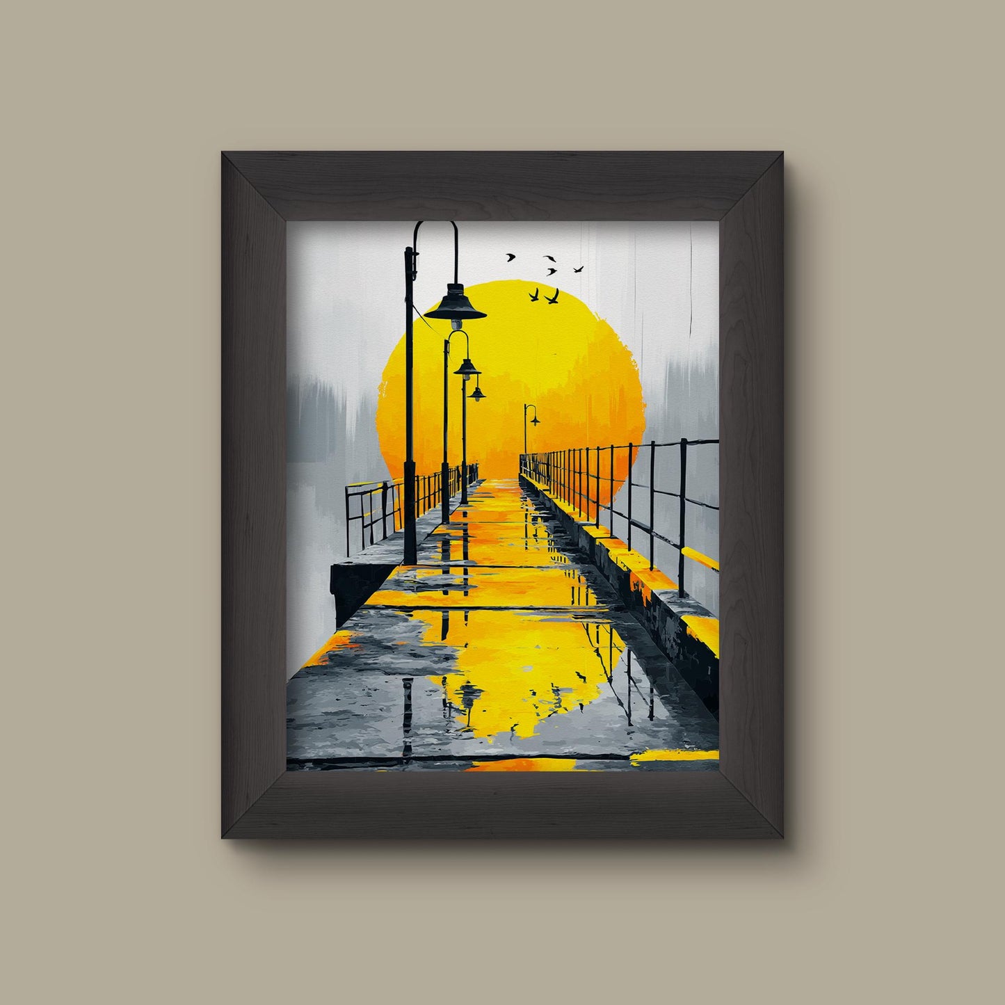 Sunrise Dock Art Print | Black and White Pier with Yellow Accent | Modern Bold Landscape Wall Decor | Fine Art Print