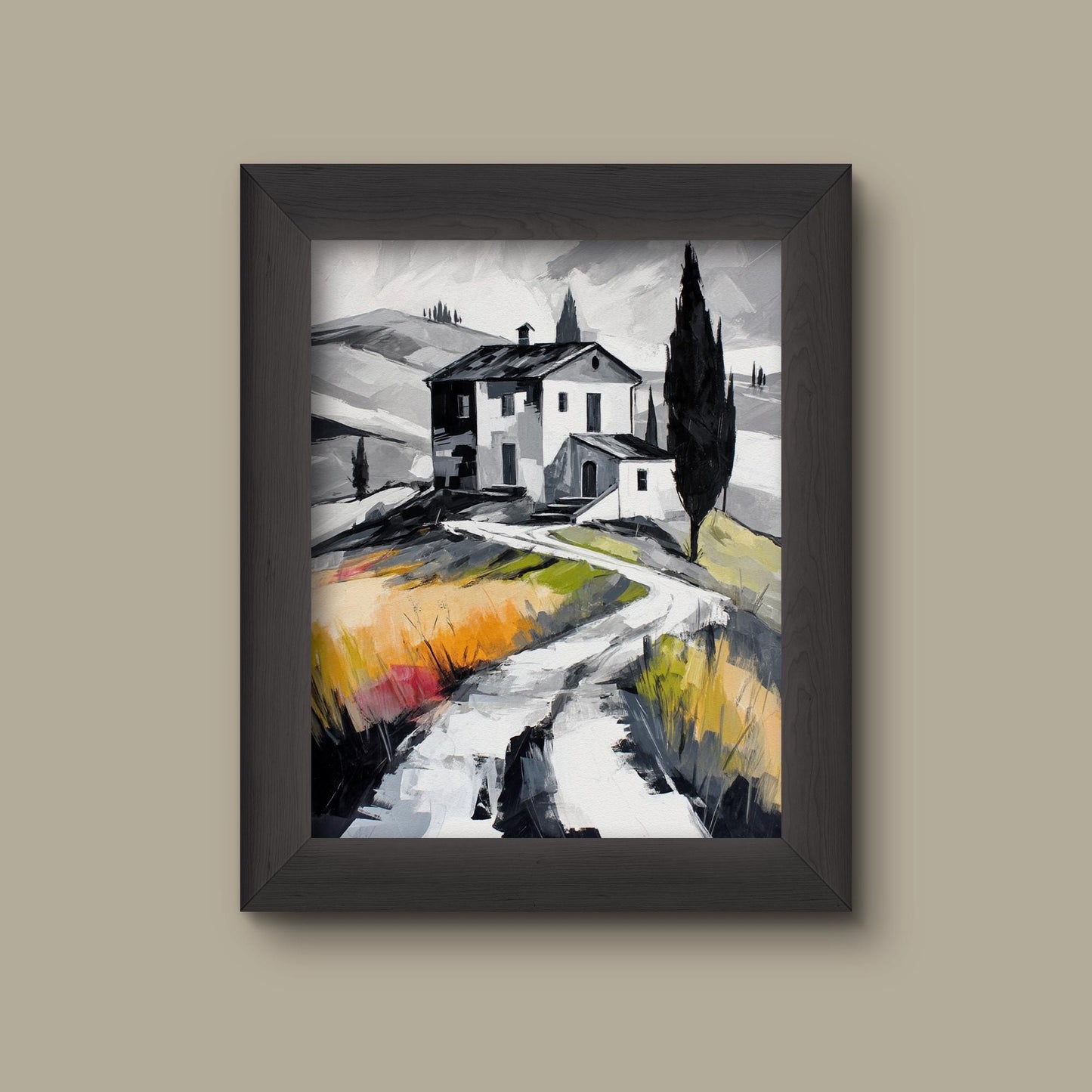 Tuscan Countryside Wall Art | Black & White Villa Landscape Print | Rustic European Decor | Fine Art Print