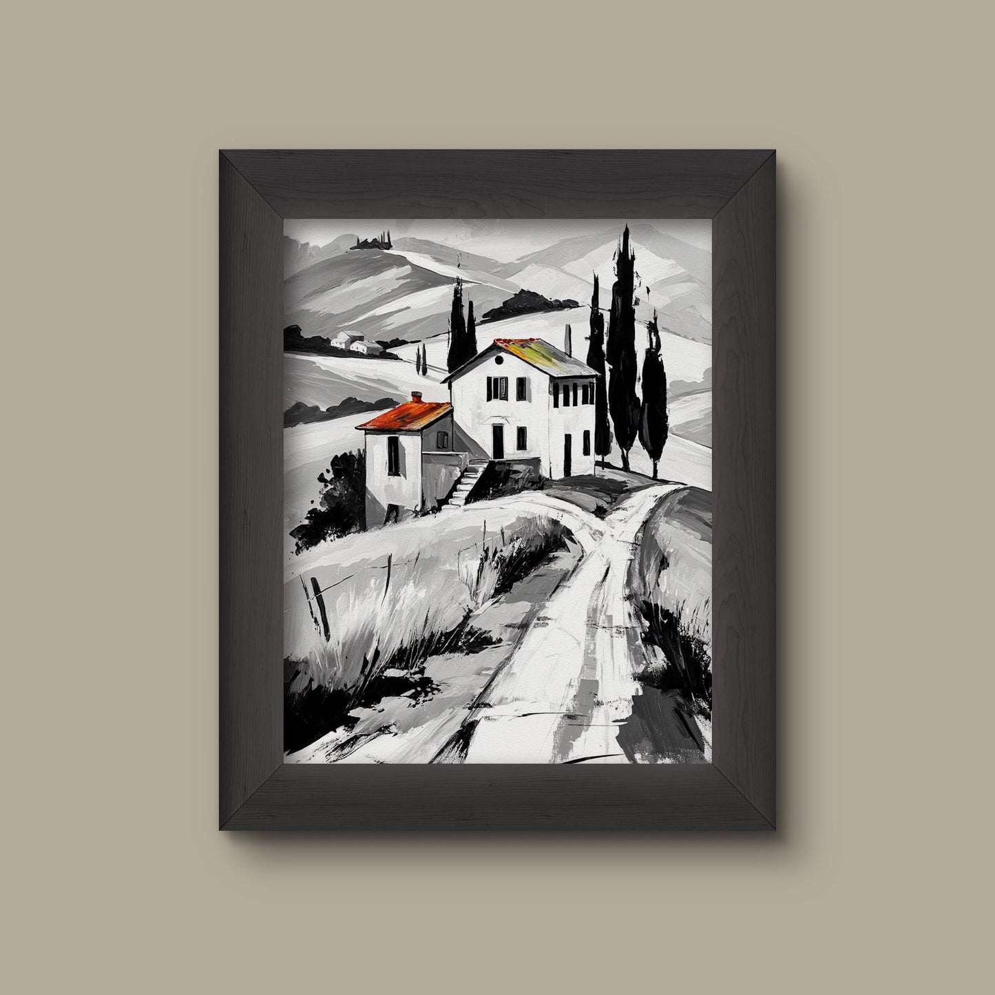 Tuscan Countryside Wall Art | Black & White Villa Landscape Print | Rustic European Decor | Fine Art Print