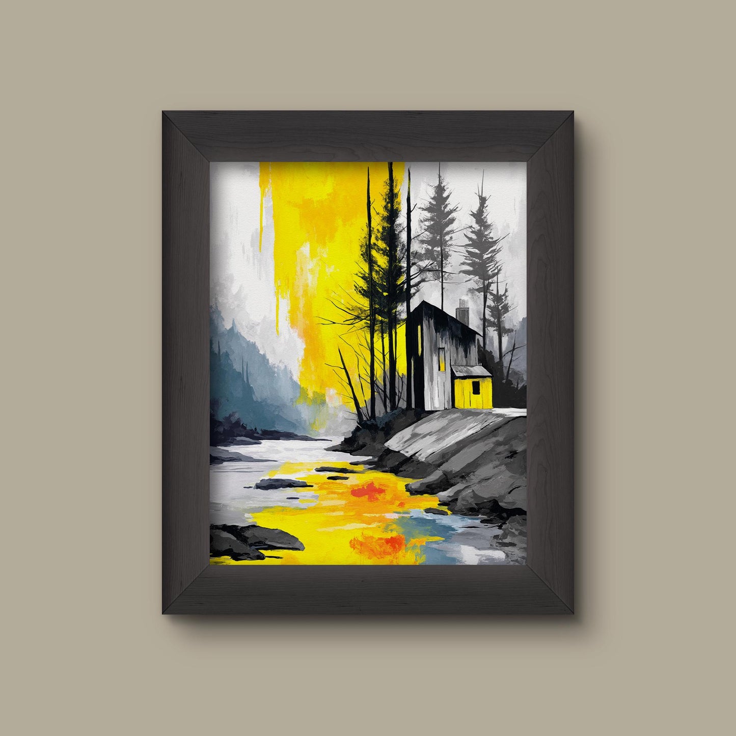 Yellow Cabin by the River Art Print | Modern Landscape Wall Art | Black, White & Yellow Decor | Fine Art Print
