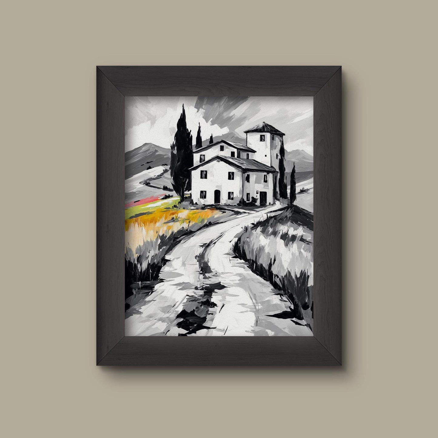 Tuscan Countryside Wall Art | Black & White Villa Landscape Print | Rustic European Decor | Fine Art Print