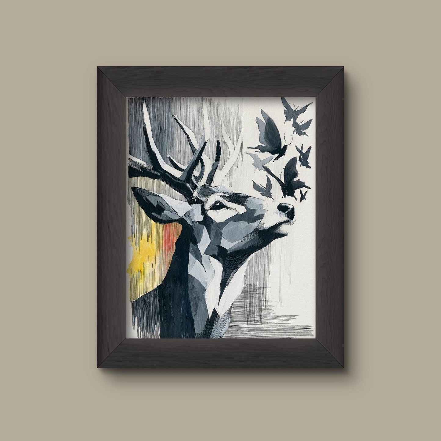 Black and White Deer and Butterflies Art Print | Ink and Watercolor Wildlife Illustration | Modern Nature Wall Decor | Fine Art Print
