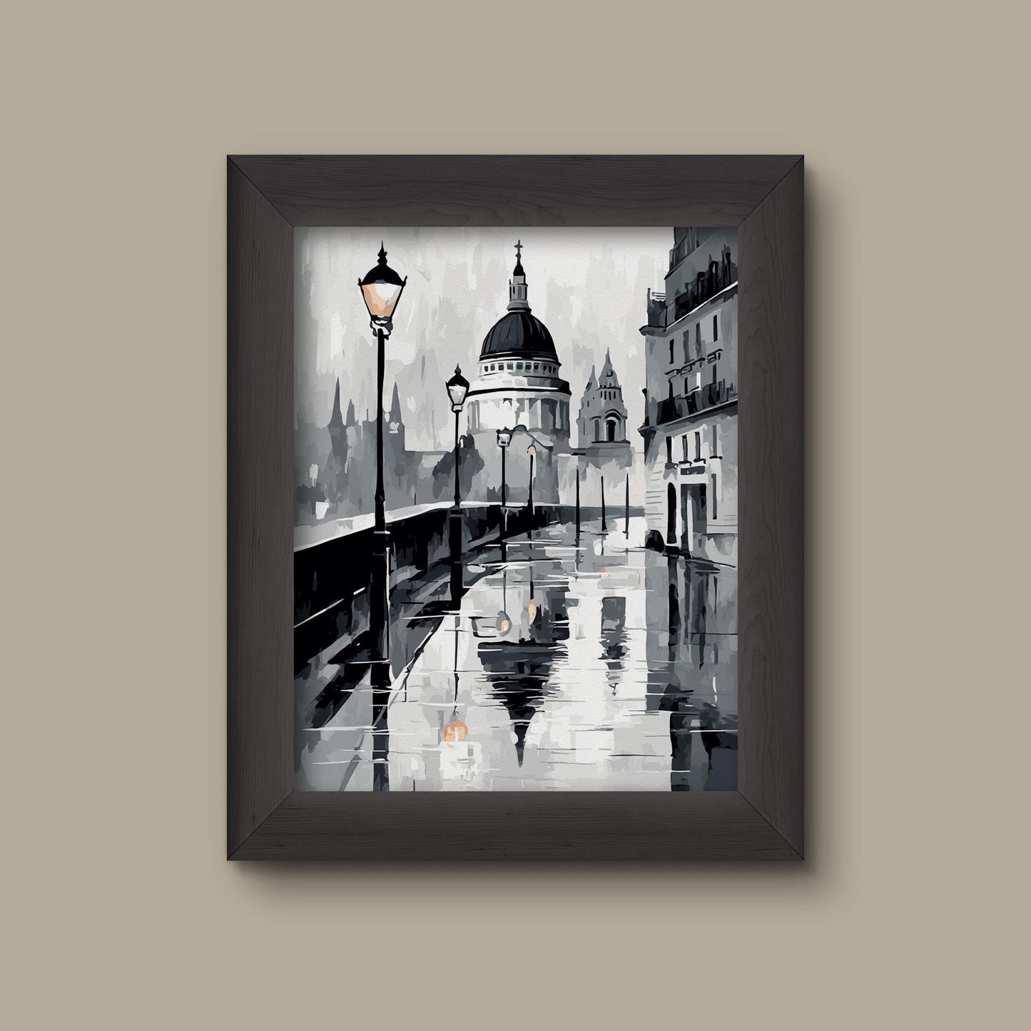 Black and White European City Street Art Print | Rainy Urban Landscape Illustration | Romantic Paris-Inspired Wall Decor | Fine Art Print
