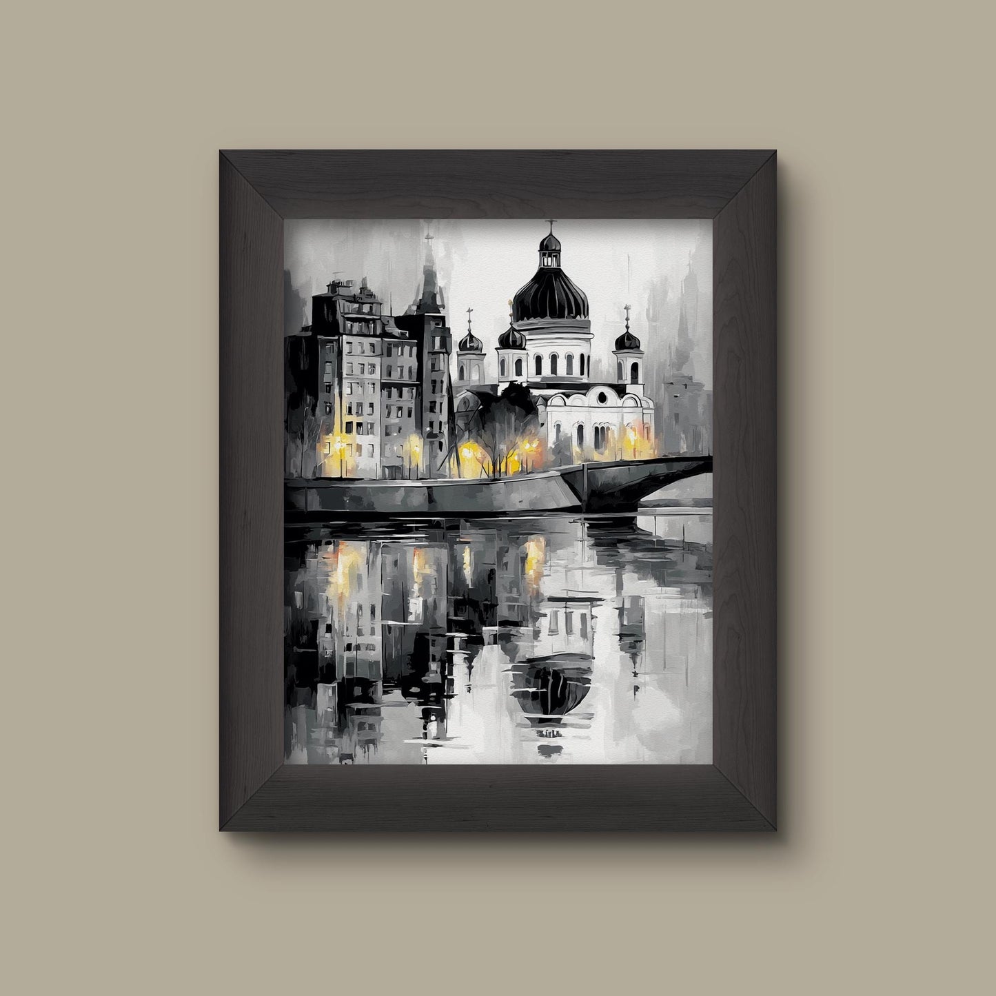Black and White Cityscape Landscape Art Print | Eastern European Cathedral Illustration | Reflected Architecture with Glowing Street Lamps | Fine Art Print
