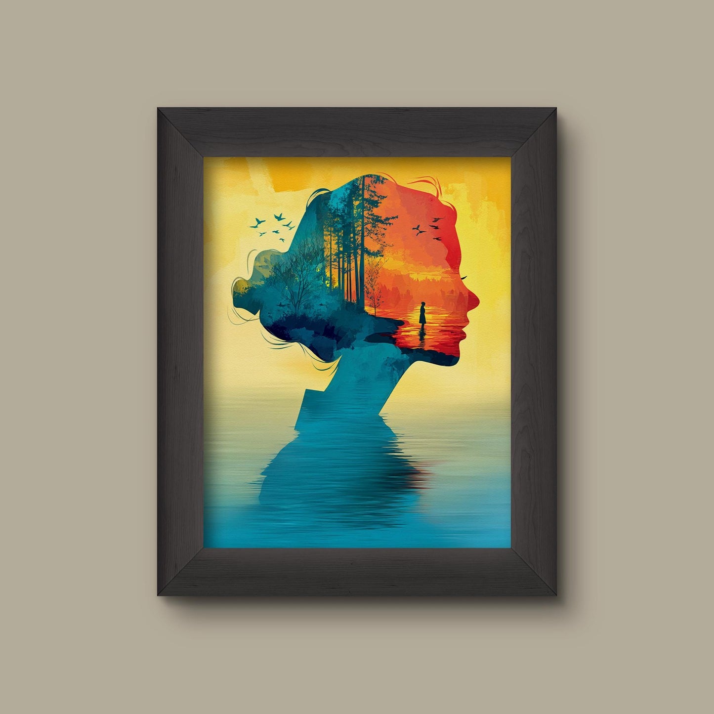 Surreal Double Exposure Art Print | Woman Silhouette with Forest & Sunset Scene | Dreamy Nature Wall Decor | Fine Art Print