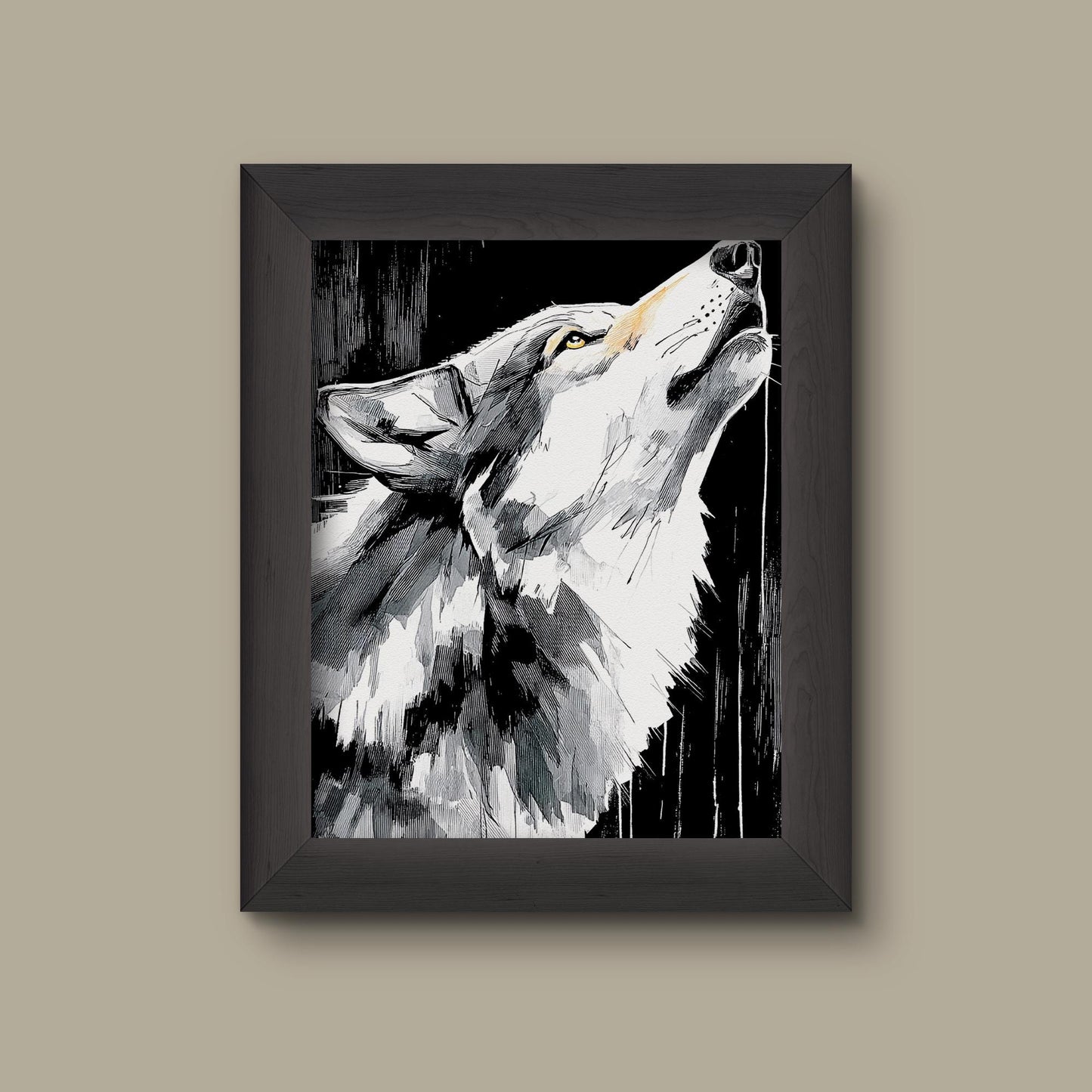 Black and White Howling Wolf Art Print | Monochrome Animal Ink Illustration | Woodland Wall Decor | Fine Art Print