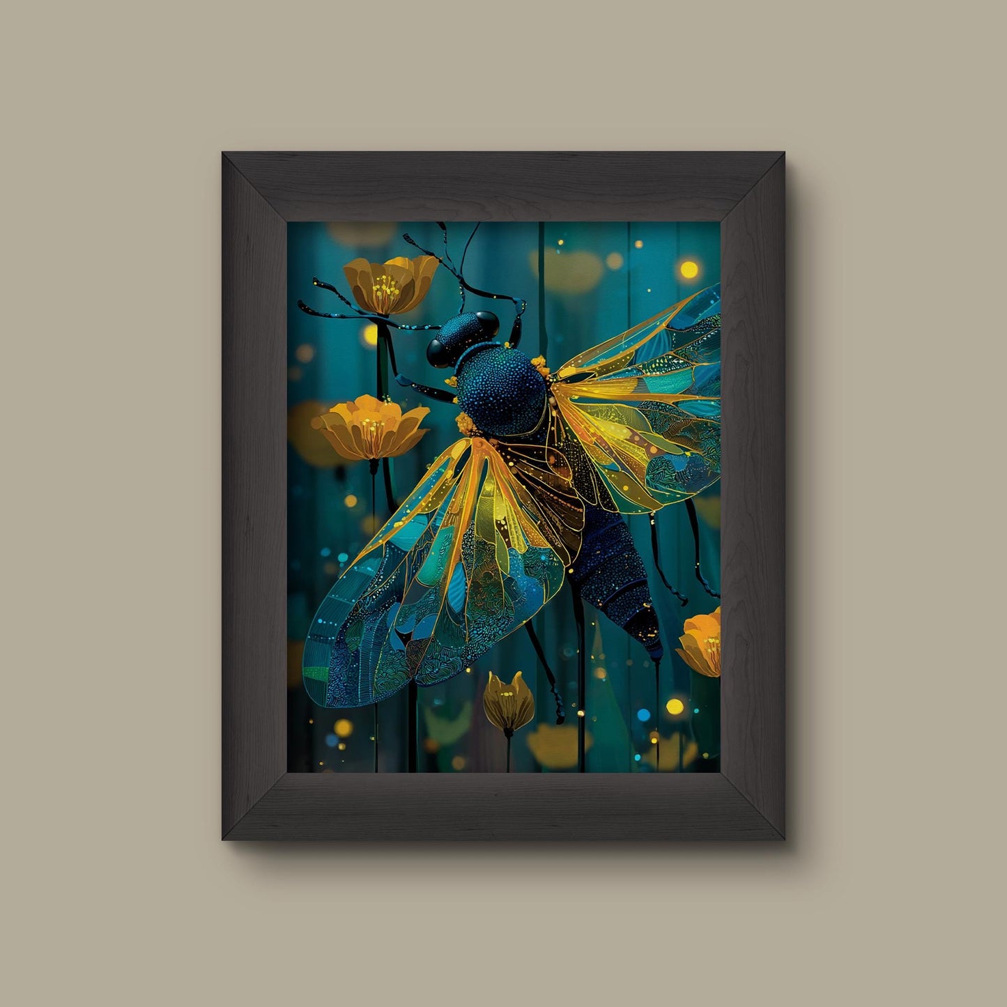 Glowing Beetle & Golden Blooms Art Print – Whimsical Insect Wall Decor | Fine Art Print