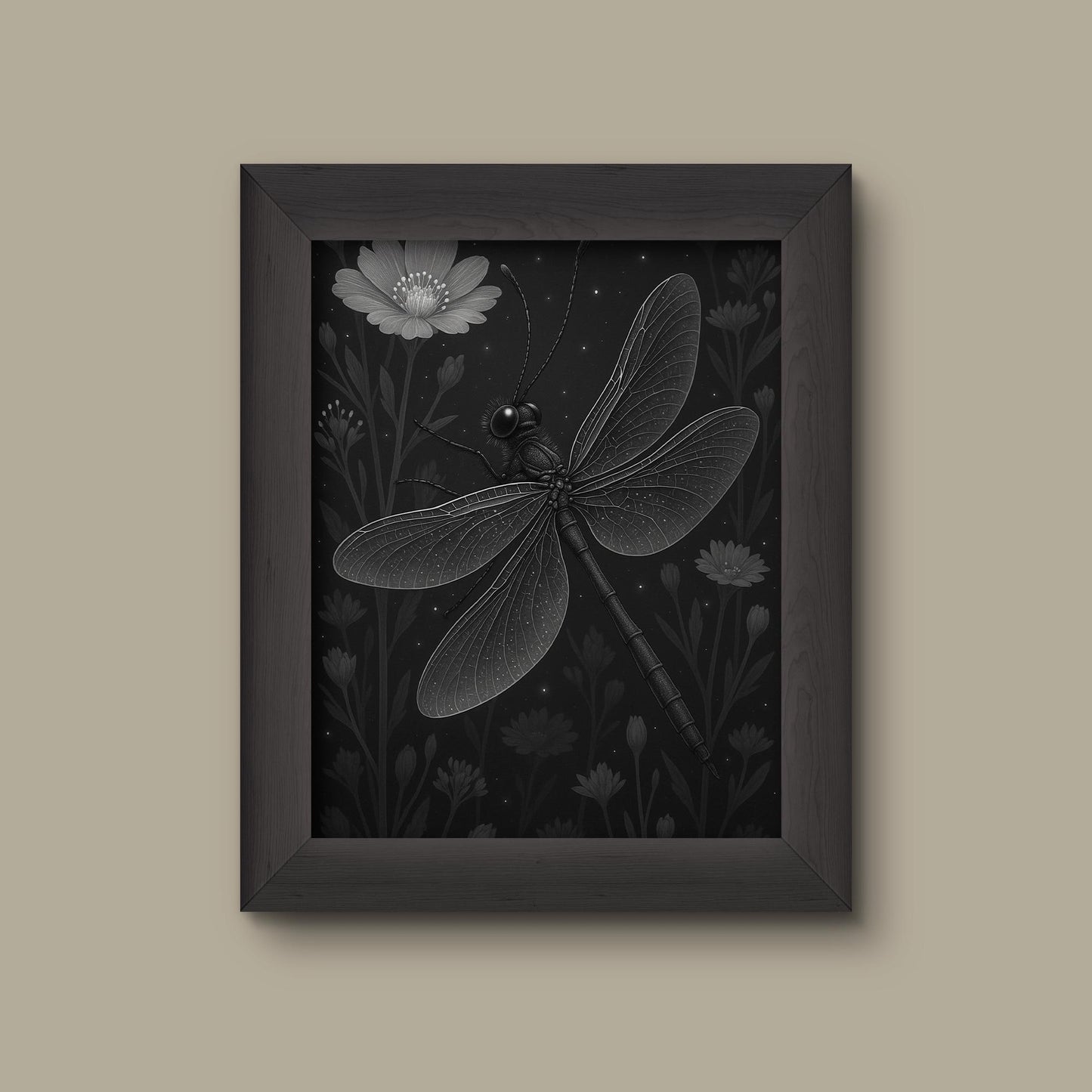 Celestial Dragonfly & Wildflower Art Print – Black and White Insect Wall Decor | Fine Art Print