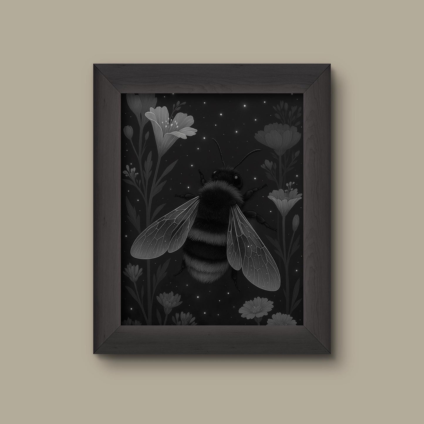 Celestial Bee & Wildflower Art Print – Black and White Insect Wall Decor | Fine Art Print