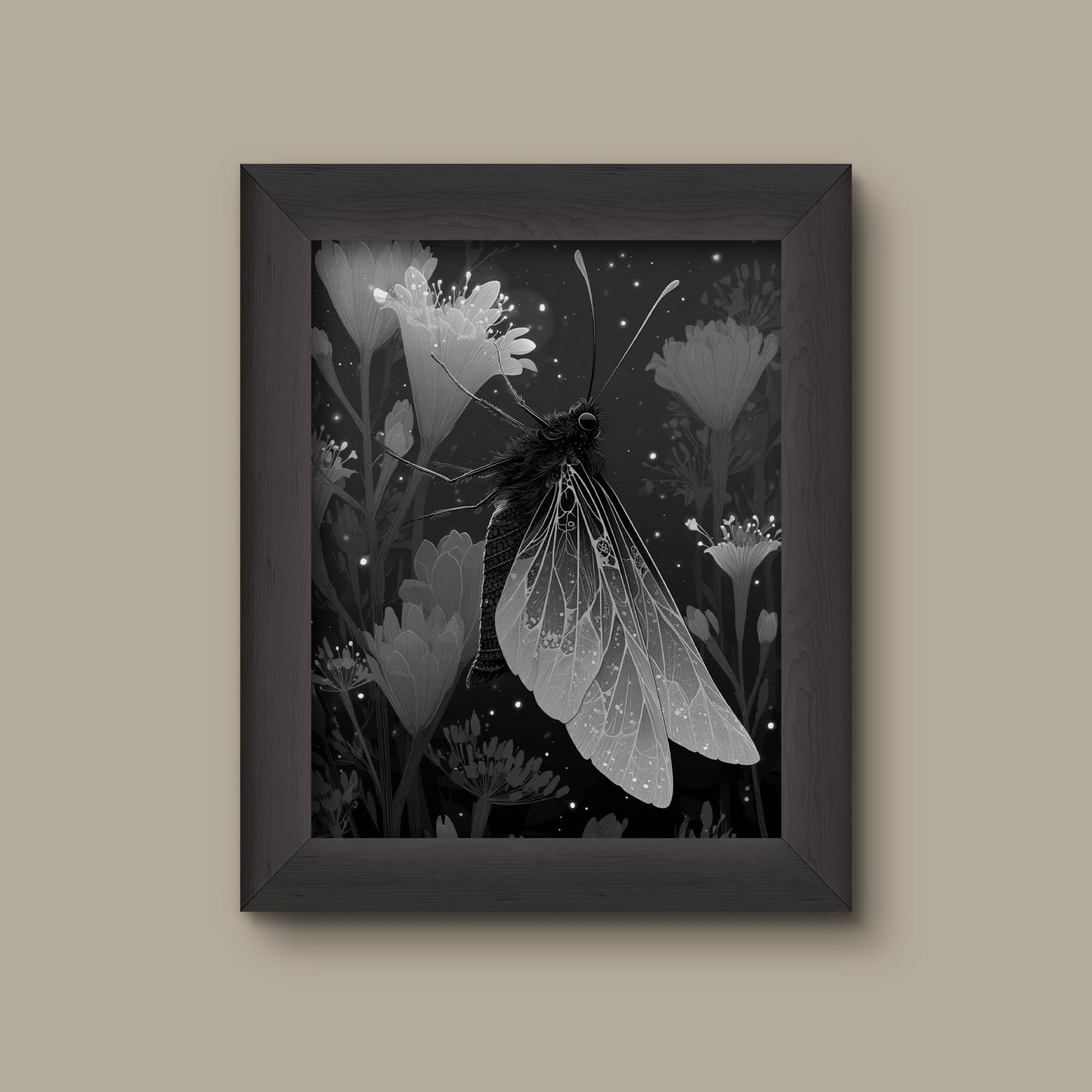 Monochrome Moth & Moonlit Flowers Art Print – Black and White Insect Wall Decor | Fine Art Print