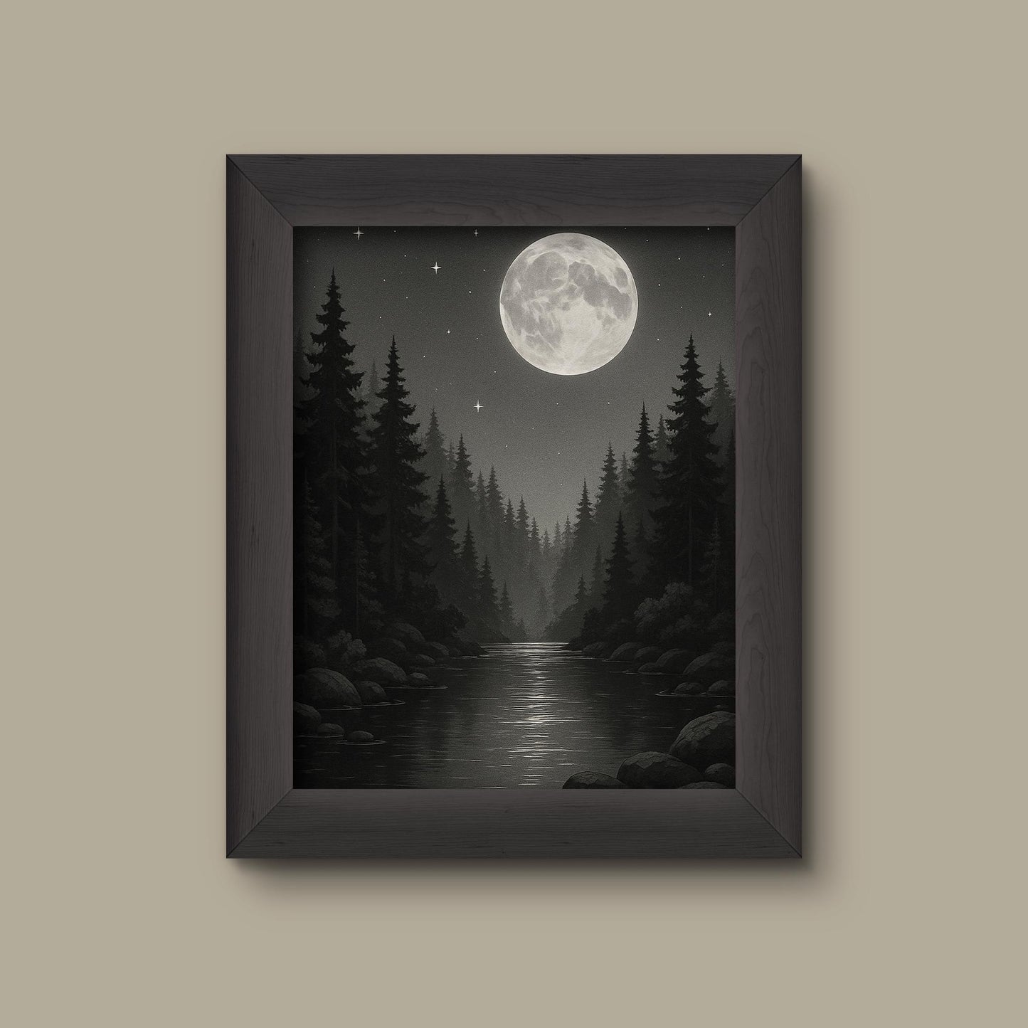 Moon Over Forest River Art Print – Black & White Night Landscape, Monochrome Nature Wall Decor | Fine Art Print