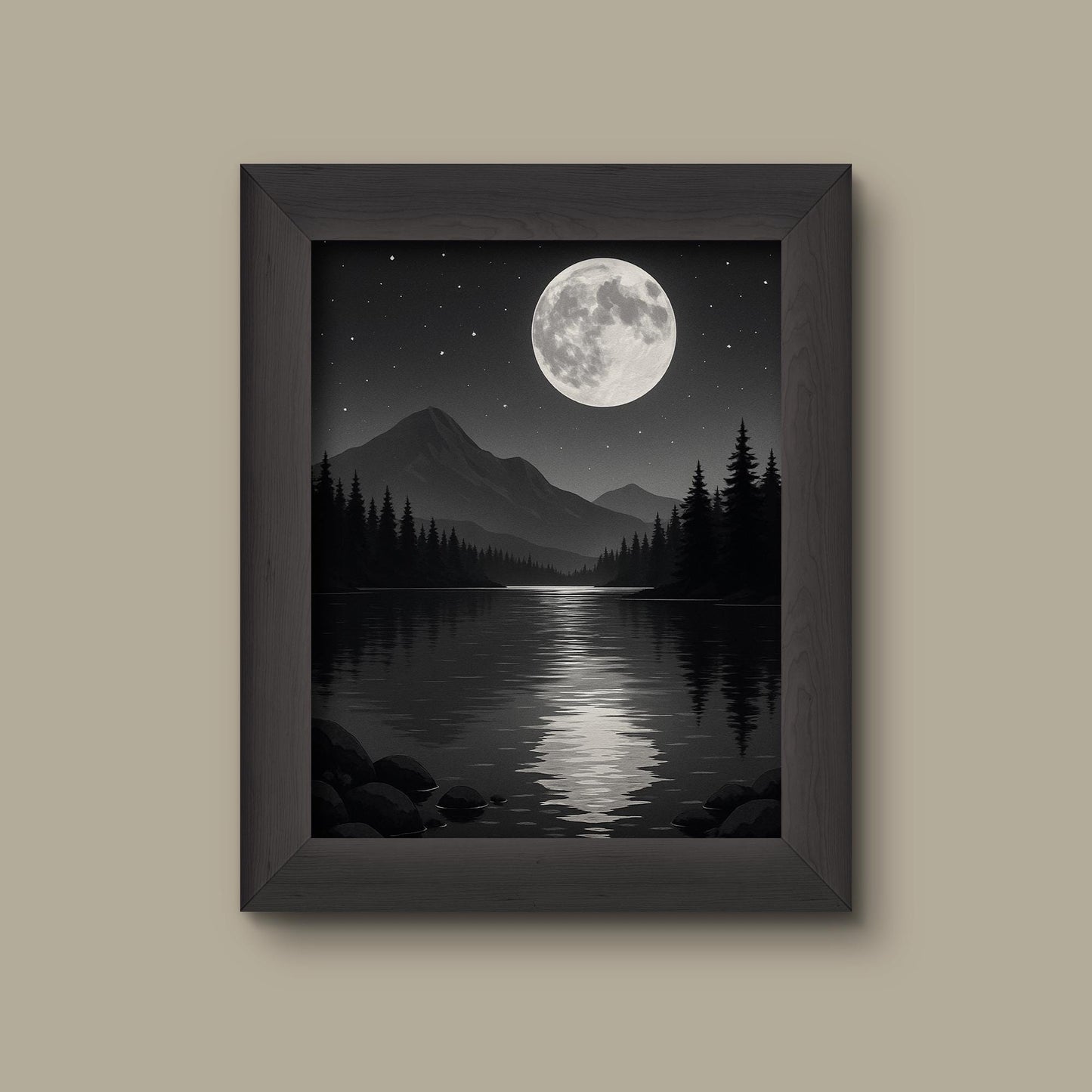 Moonlit Mountain Lake Art Print – Monochrome Forest Landscape Wall Decor | Fine Art Print