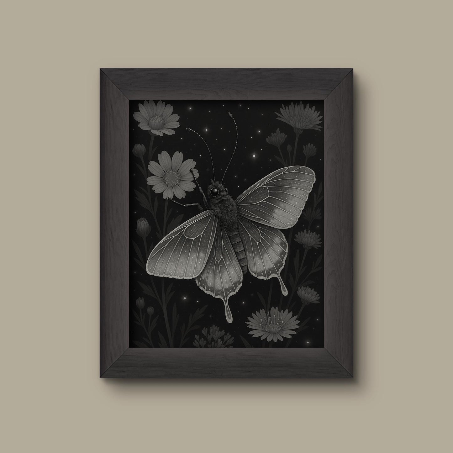 Celestial Butterfly & Wildflower Art Print – Black and White Insect Wall Decor | Fine Art Print