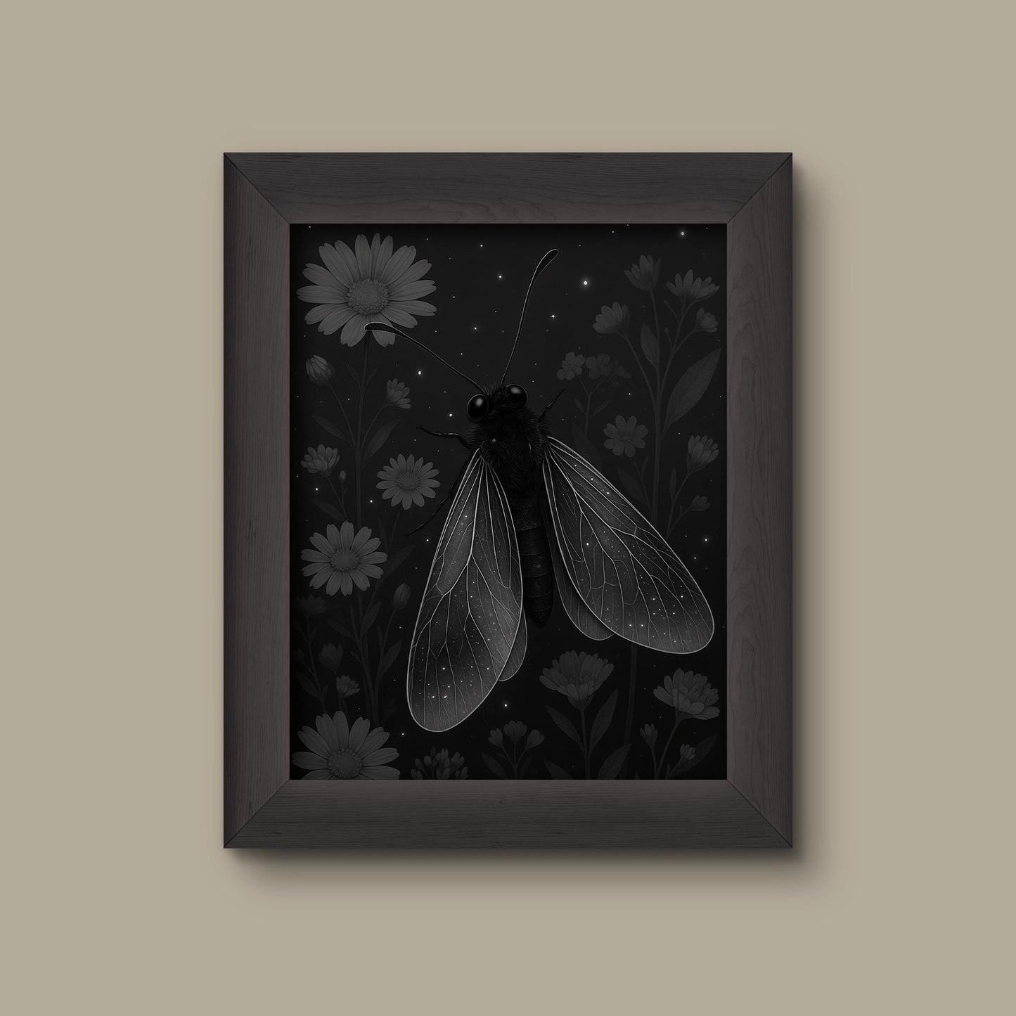 Celestial Cicada & Wildflower Art Print – Black and White Insect Wall Decor | Fine Art Print